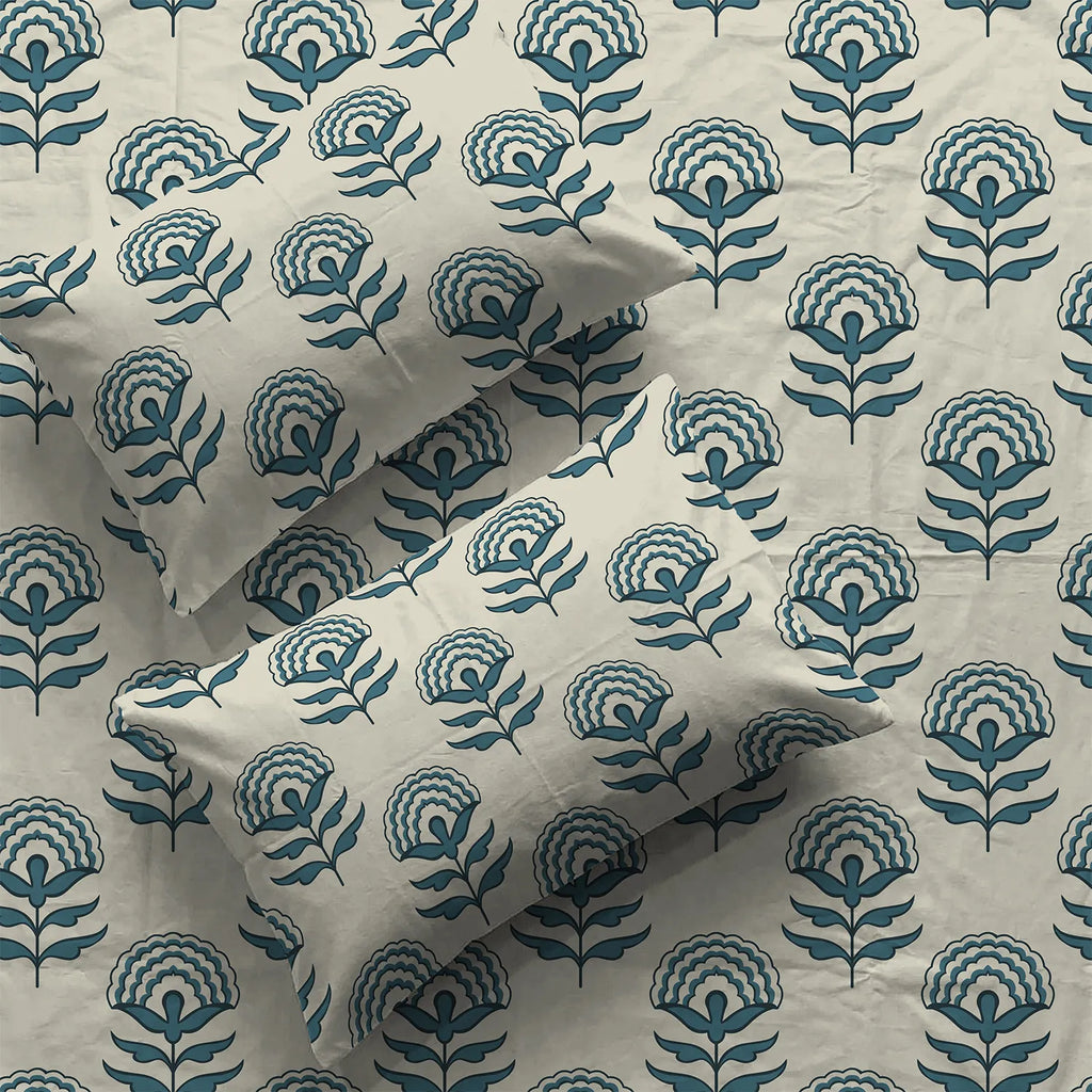Serene 200 TC 100% Cotton Bedsheet with Pillow Covers - Florabell Blue