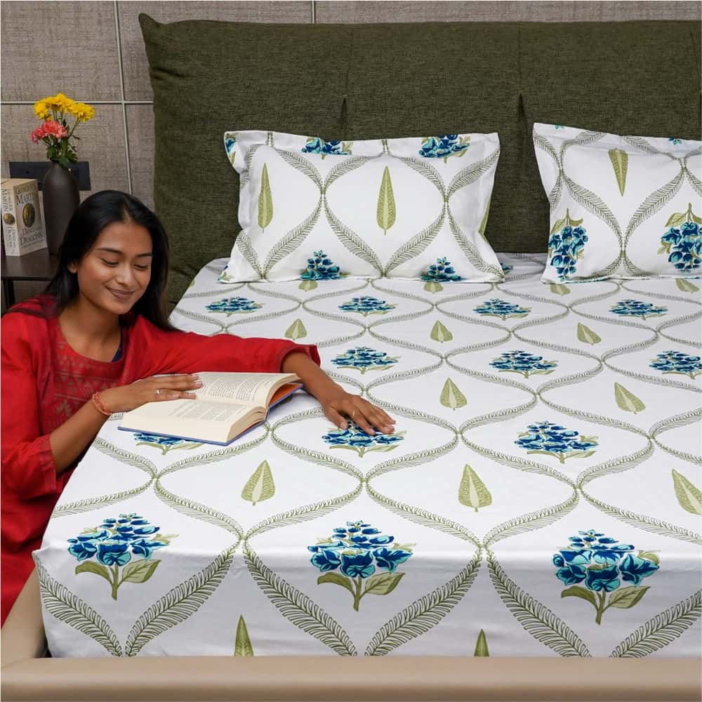Serene Collection - Breathable 200 TC 100% Pure Cotton Bedsheet with Pillow Cover, Floral Moroccan - Blue
