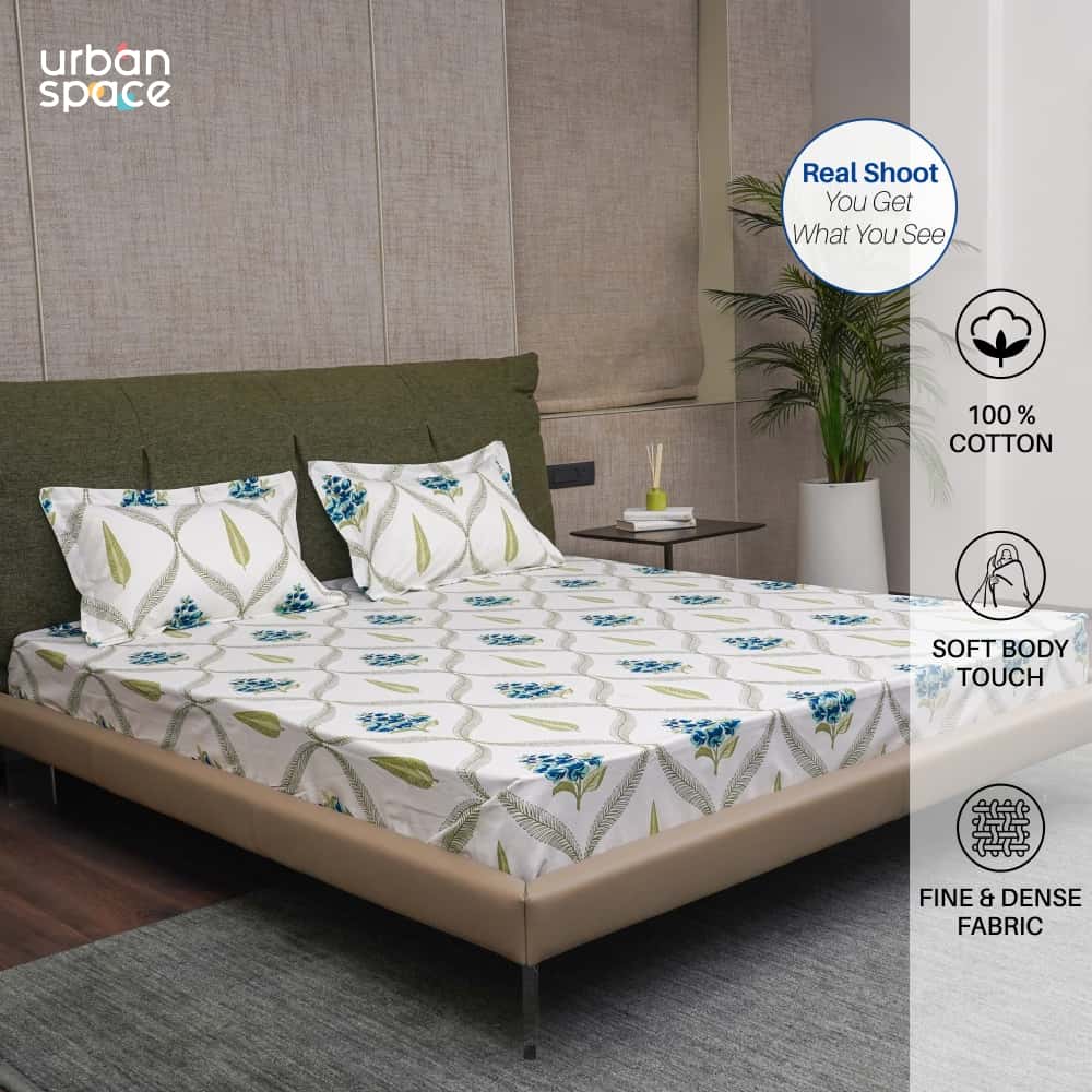 Serene Collection - Breathable 200 TC 100% Pure Cotton Bedsheet with Pillow Cover, Floral Moroccan - Blue