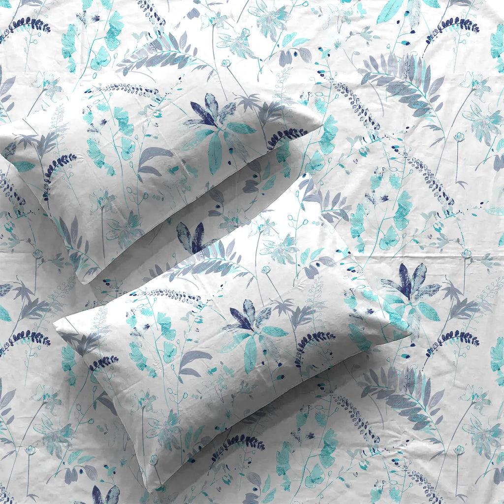 Serene 200 TC 100% Cotton Bedsheet with Pillow Covers - Floral Feast Turquoise