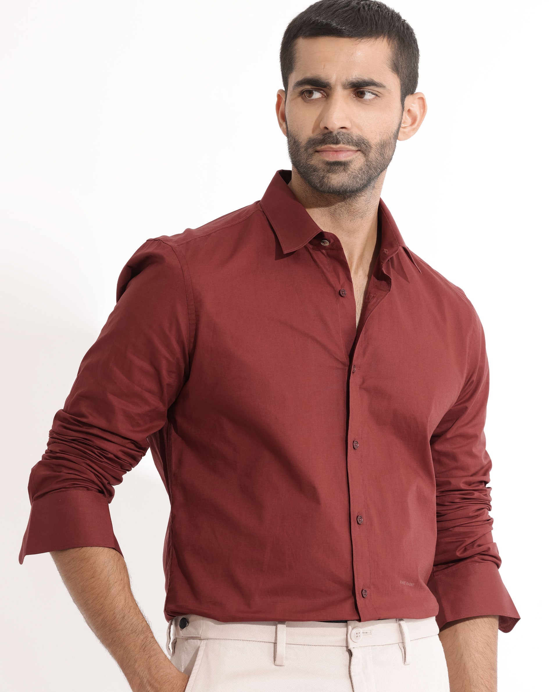 Rare Rabbit Men's Fullslee Maroon Cotton Plain Tailored Fit Full Sleeve Collared Shirt