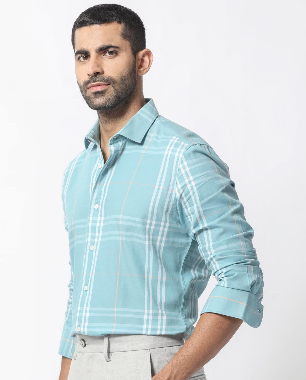 Rare Rabbit Men's Garet Turq Cotton Checked Print Regular Fit Full Sleeve Collared Shirt