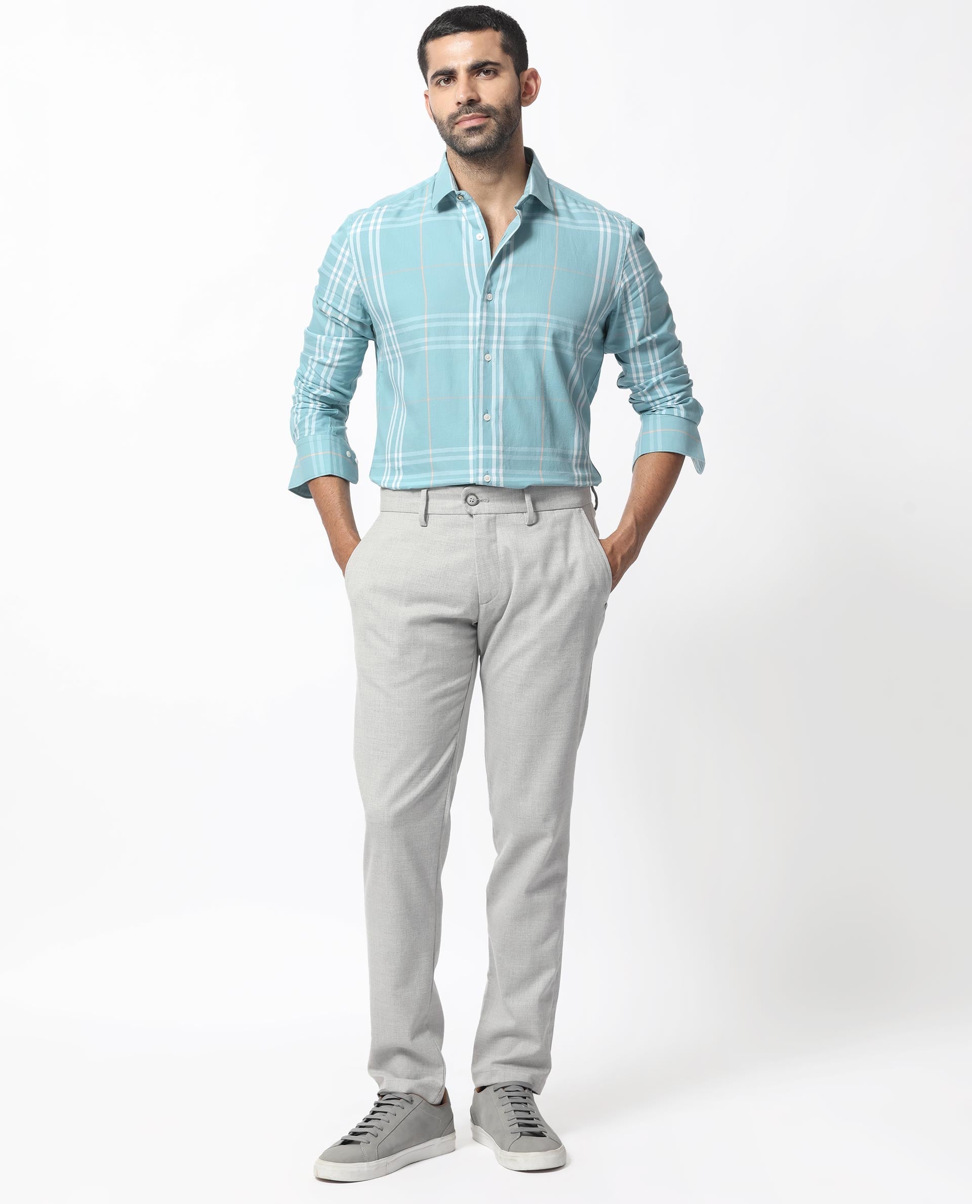 Rare Rabbit Men's Garet Turq Cotton Checked Print Regular Fit Full Sleeve Collared Shirt