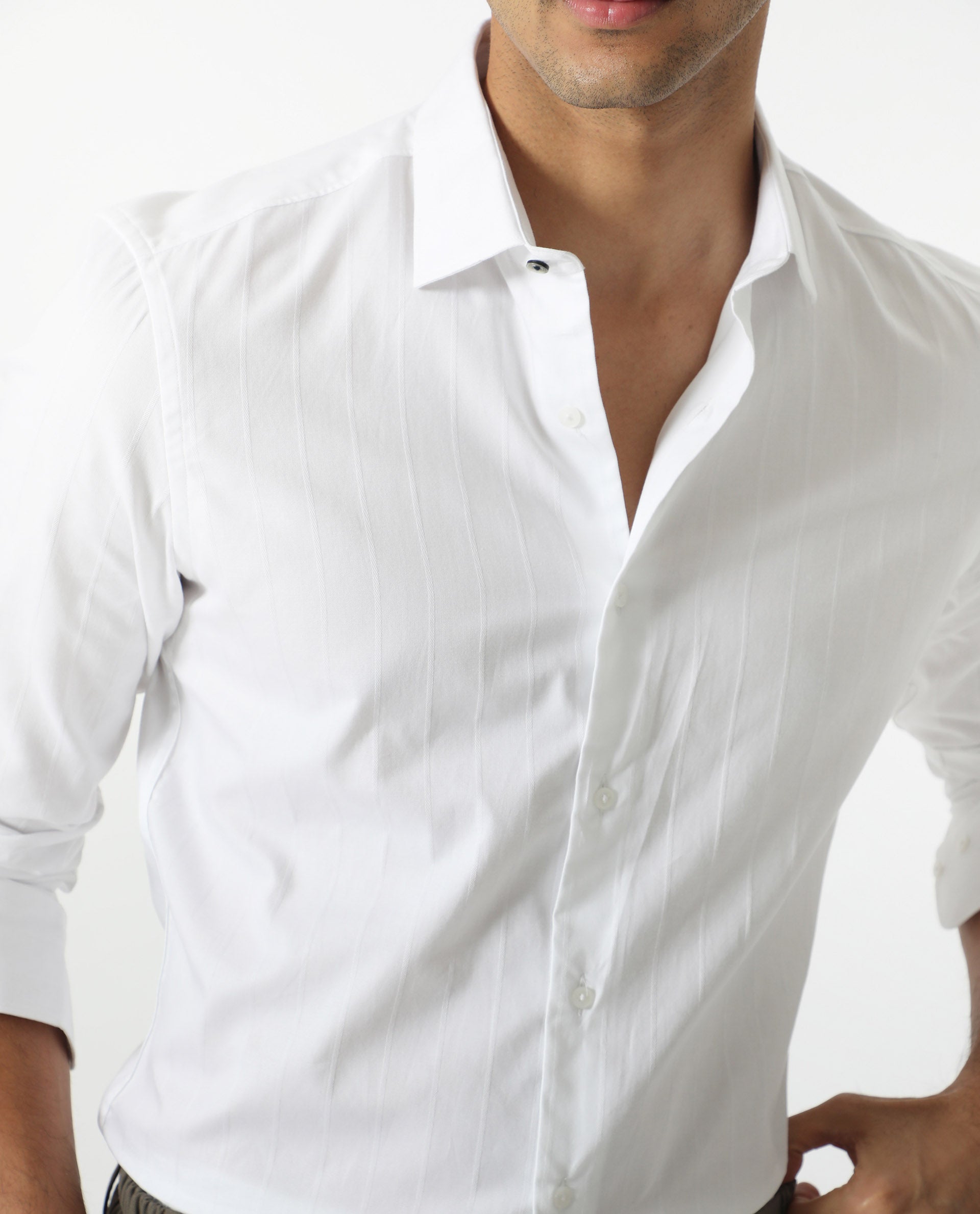 Rare Rabbit Men's Gazan White Cotton Striped Print Regular Fit Full Sleeve Collared Shirt