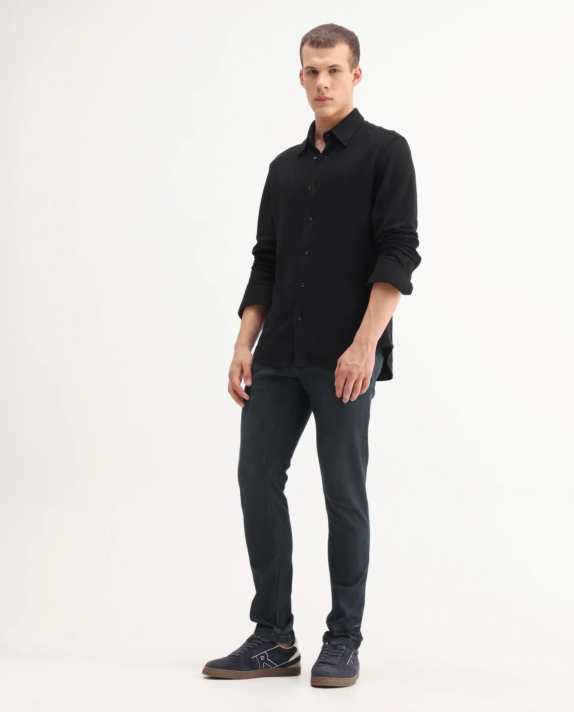 Rare Rabbit Men's Genevo Dusky Blue Cotton Plain Hawk Slim Fit Jeans