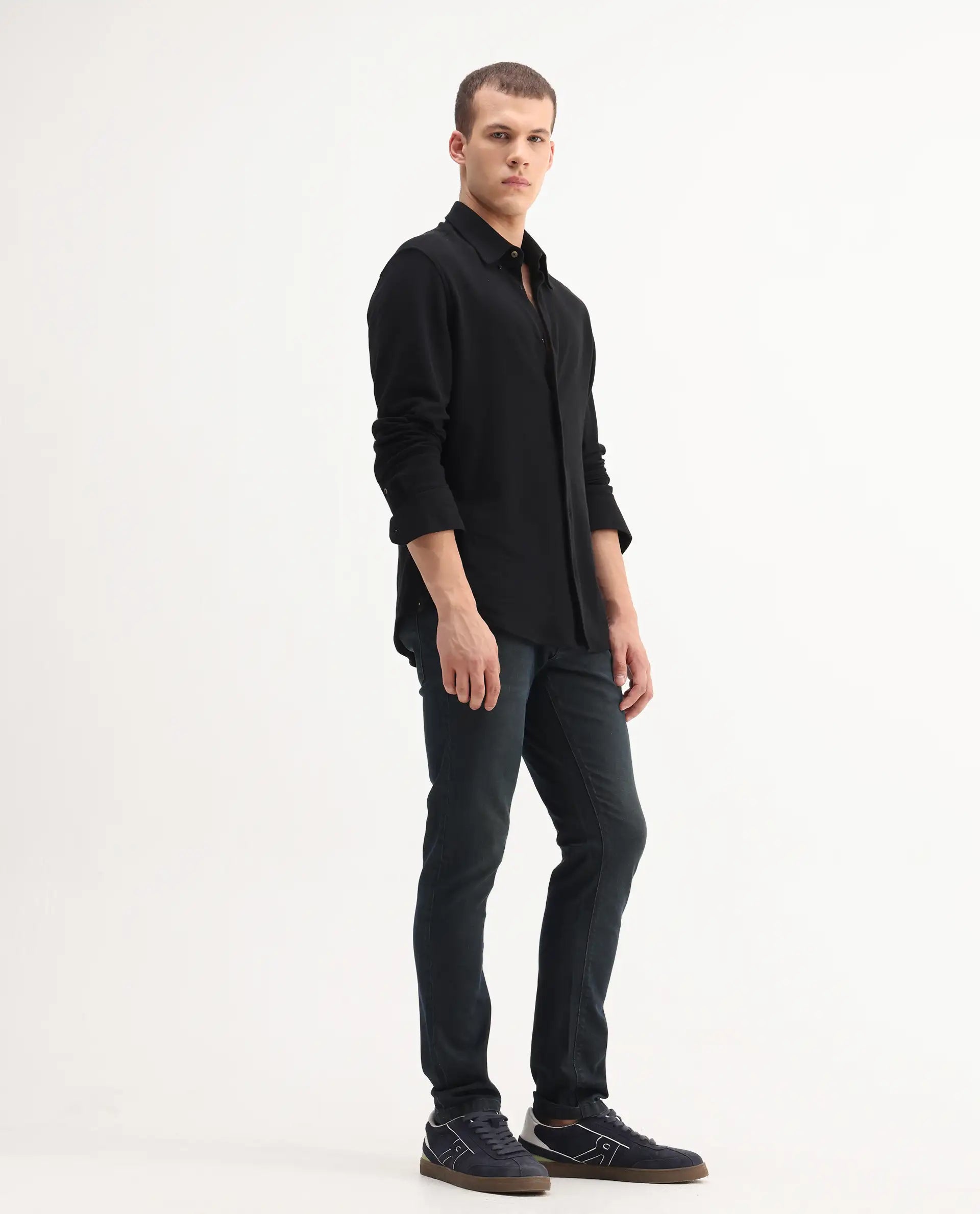 Rare Rabbit Men's Genevo Dusky Blue Cotton Plain Hawk Slim Fit Jeans