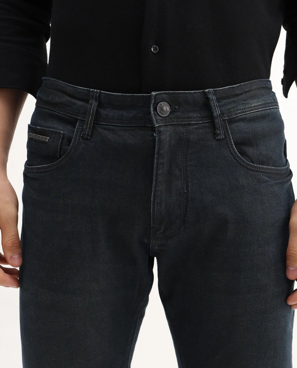 Rare Rabbit Men's Genevo Dusky Blue Cotton Plain Hawk Slim Fit Jeans