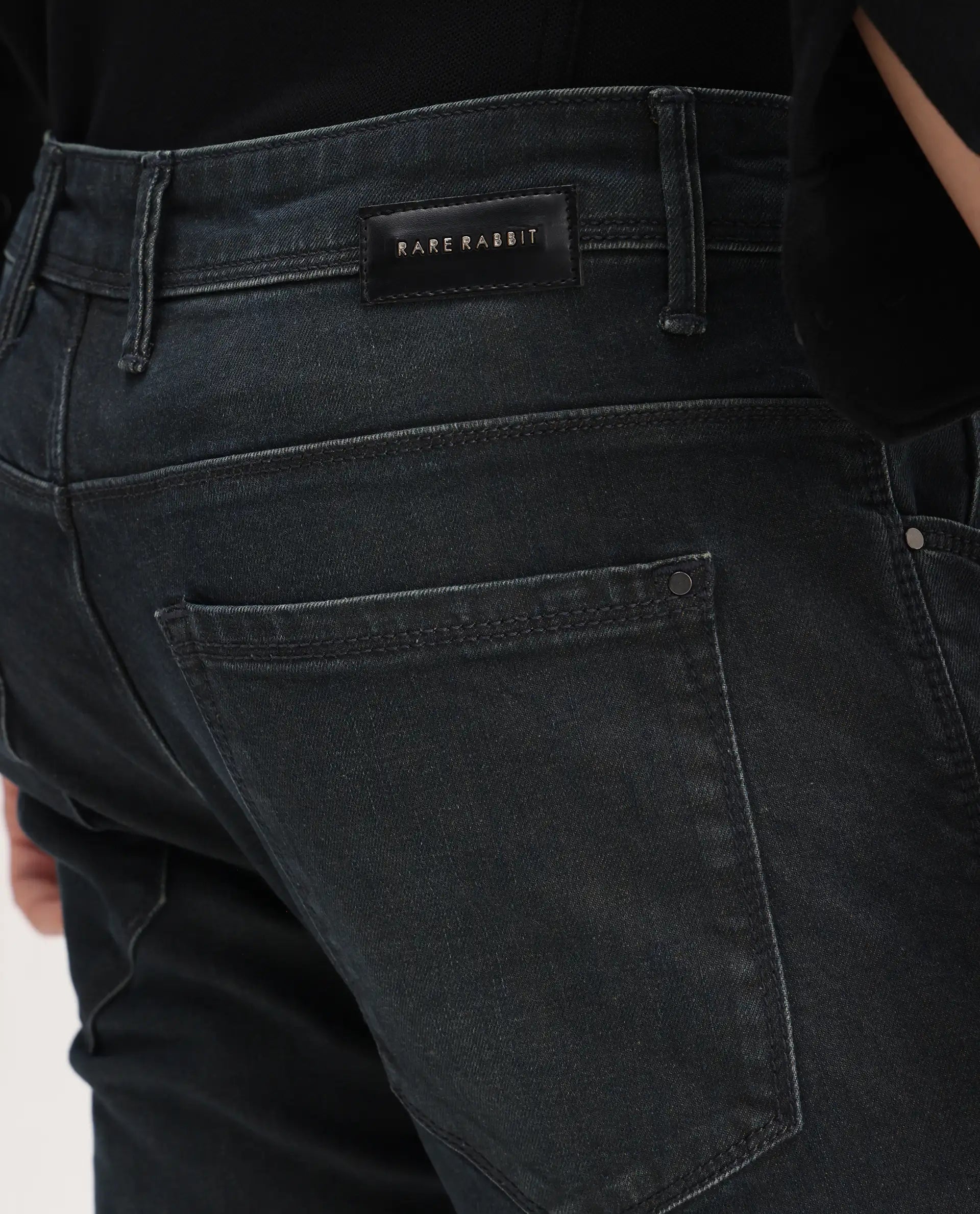Rare Rabbit Men's Genevo Dusky Blue Cotton Plain Hawk Slim Fit Jeans