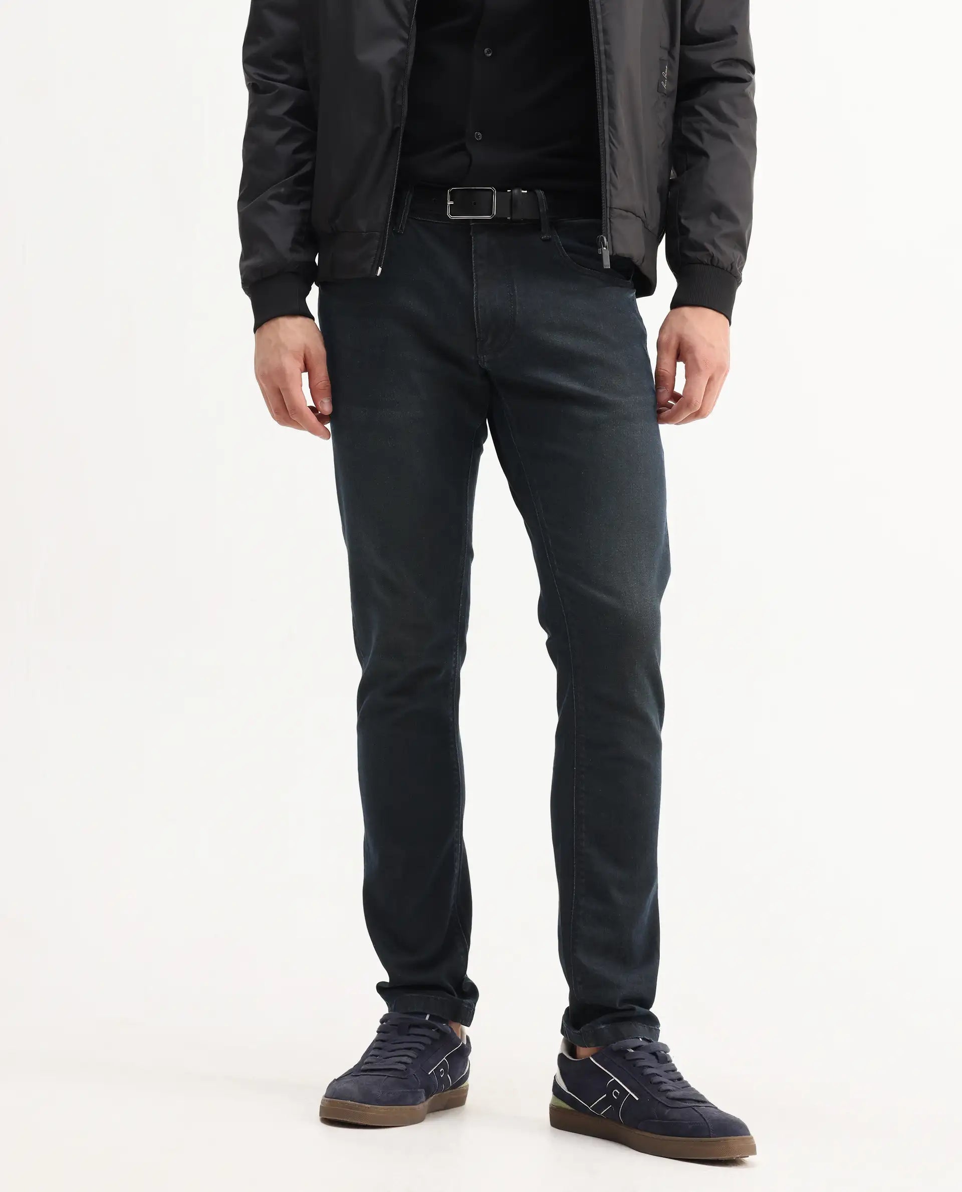 Rare Rabbit Men's Genevo Dusky Blue Cotton Plain Hawk Slim Fit Jeans