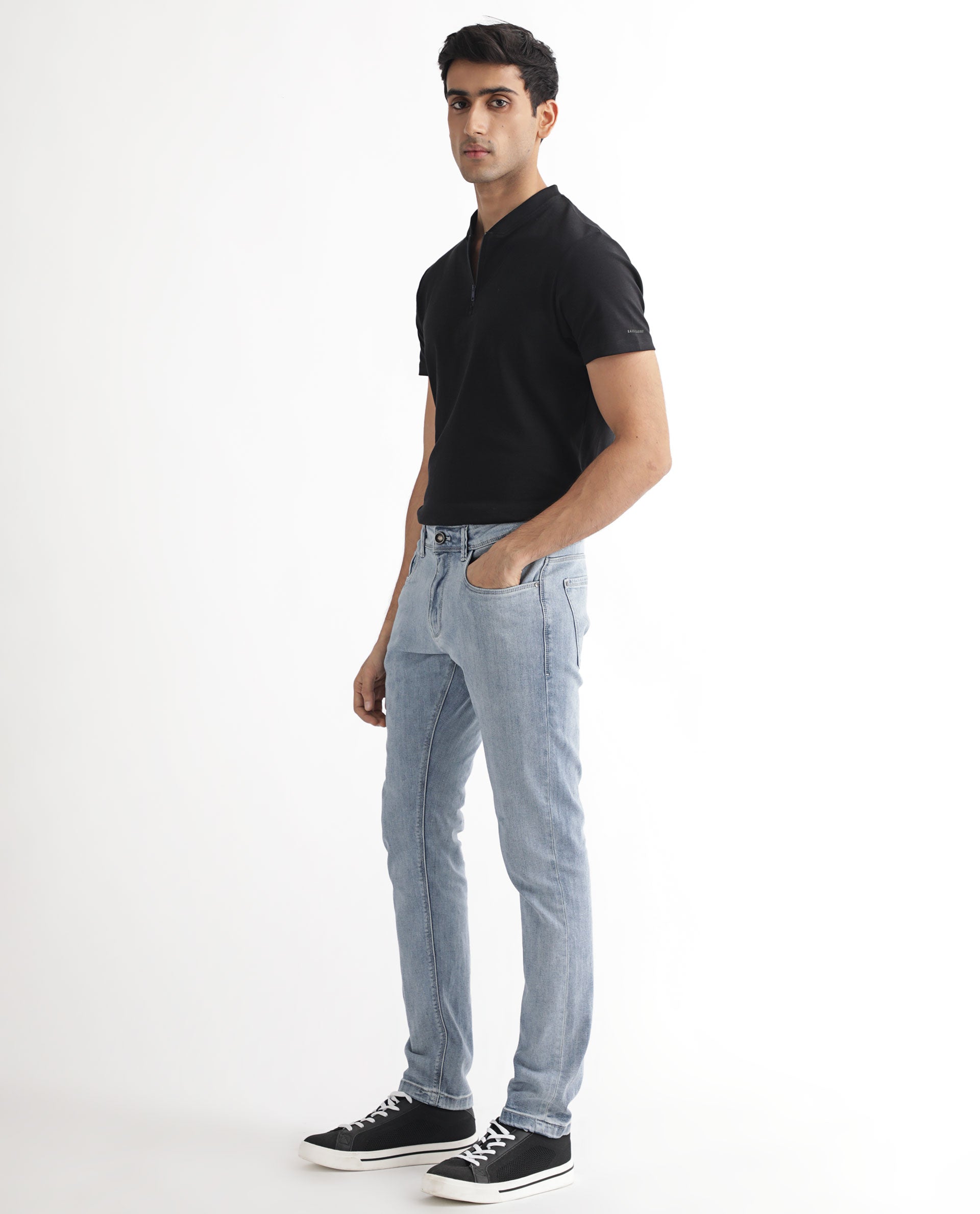 Rare Rabbit Men's Glacion Light Blue Cotton Plain Hawk Slim Fit Jeans