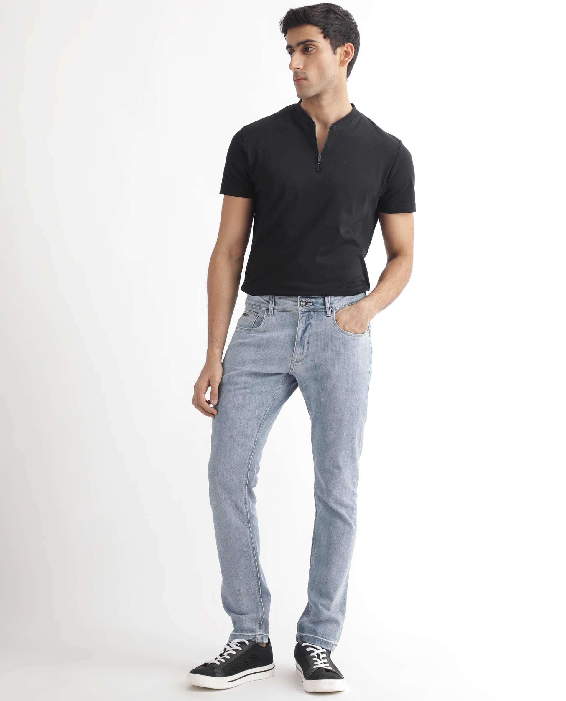 Rare Rabbit Men's Glacion Light Blue Cotton Plain Hawk Slim Fit Jeans