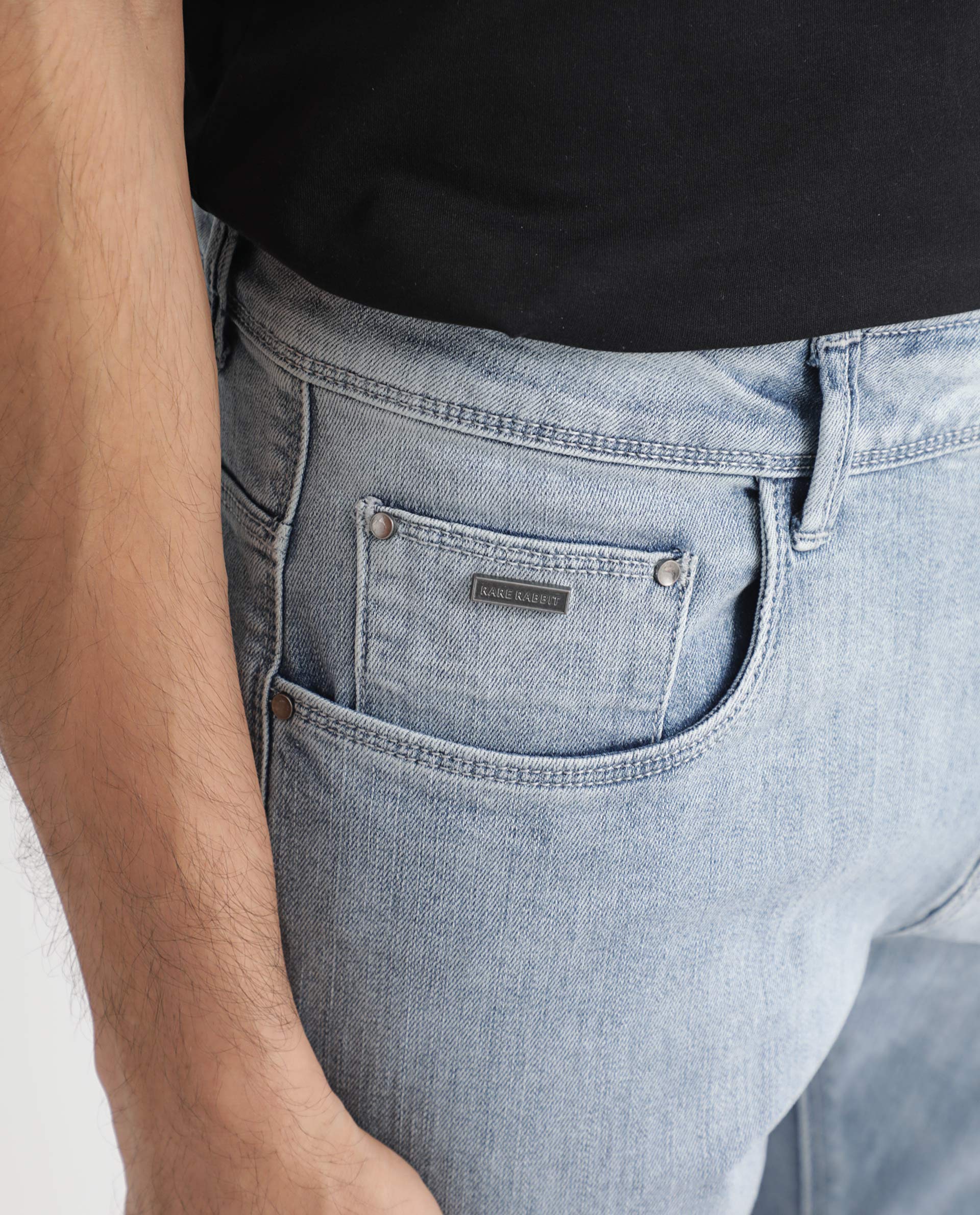 Rare Rabbit Men's Glacion Light Blue Cotton Plain Hawk Slim Fit Jeans