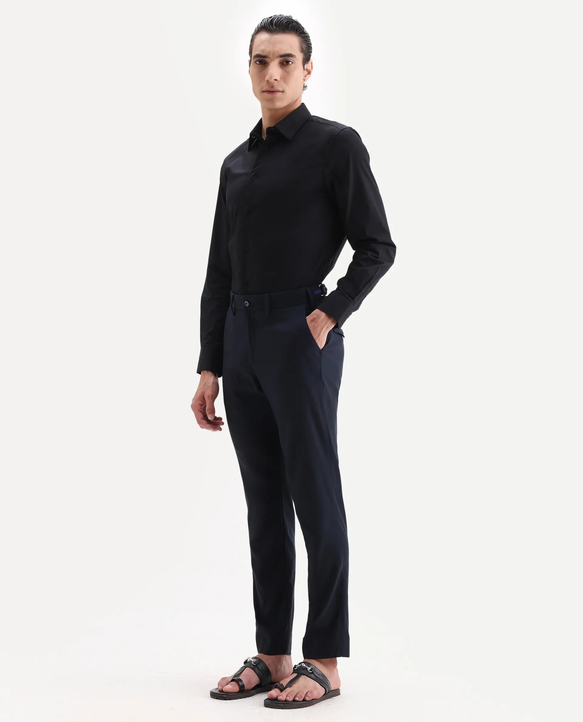 Rare Rabbit Men's Glade 1 Navy Polyester Plain Regular Fit Trouser