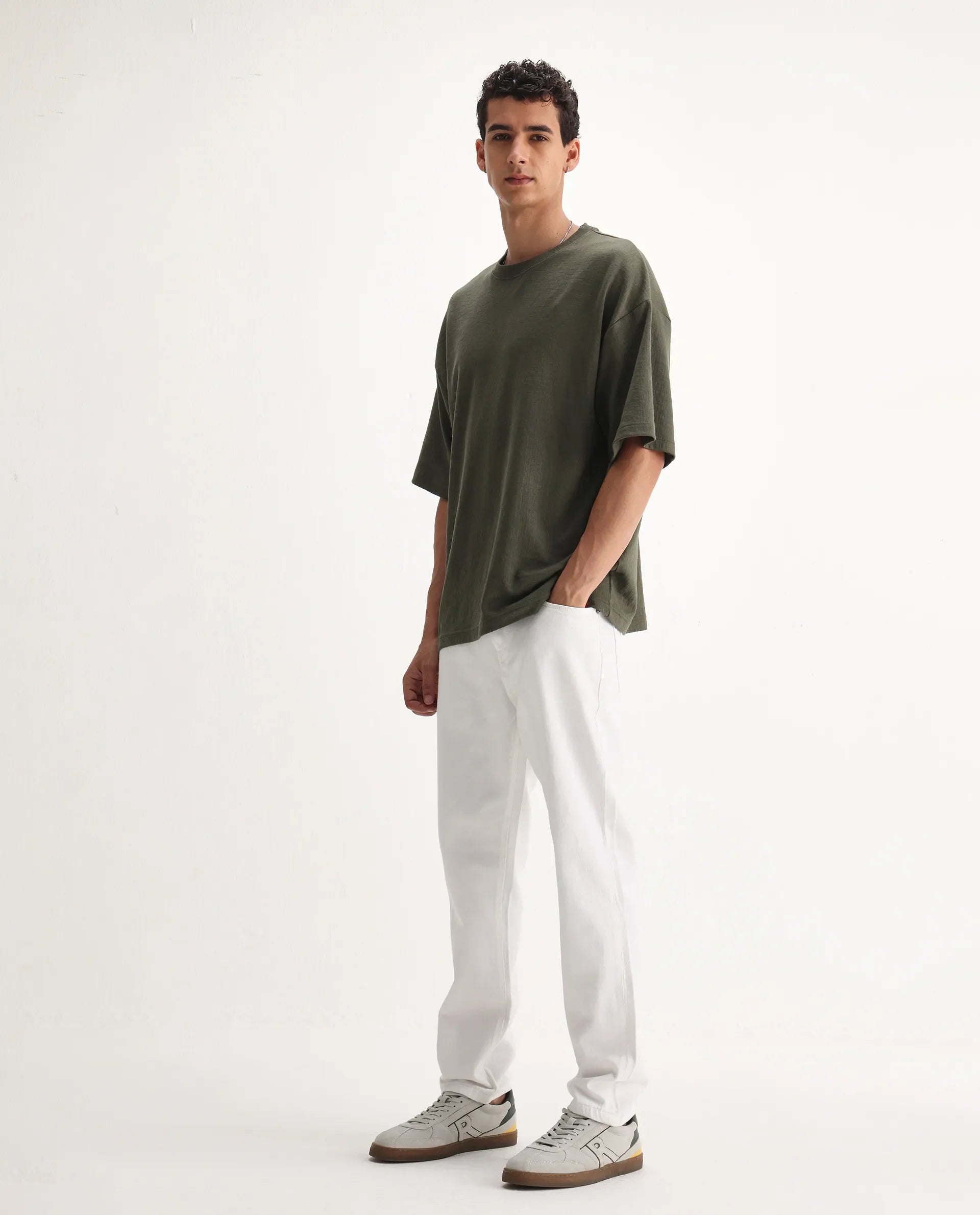 Rare Rabbit Men's Gleb White Cotton Plain Kurt Carrot Fit Jeans