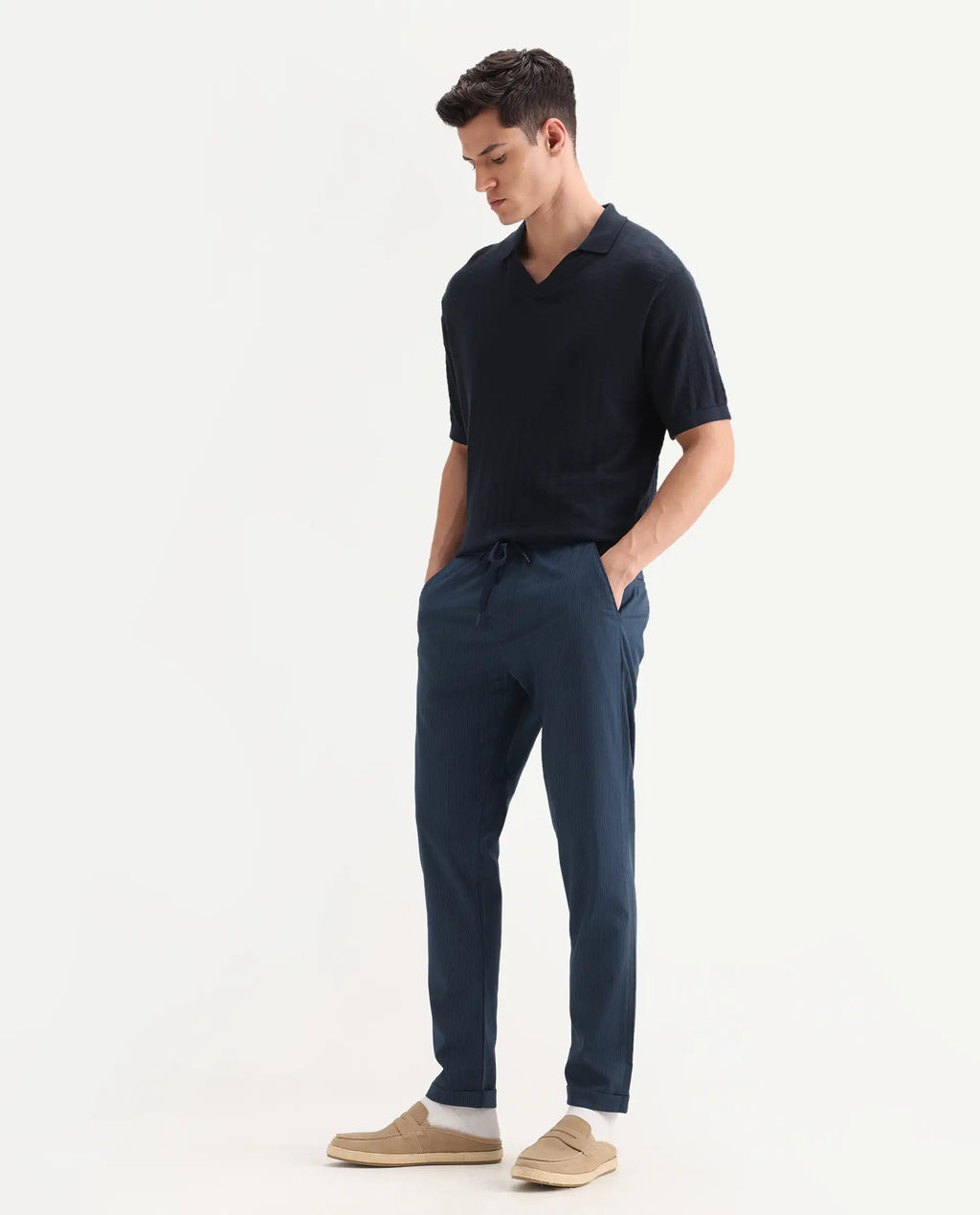 Rare Rabbit Men's Glew Dark Teal Cotton Plain Regular Fit Trouser
