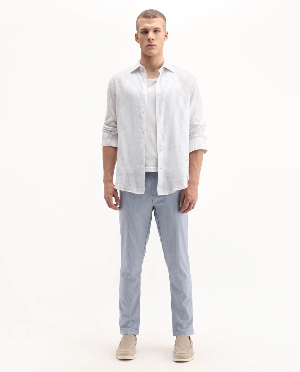 Rare Rabbit Men's Glew Pastel Blue Cotton Striped Print Regular Fit Trouser