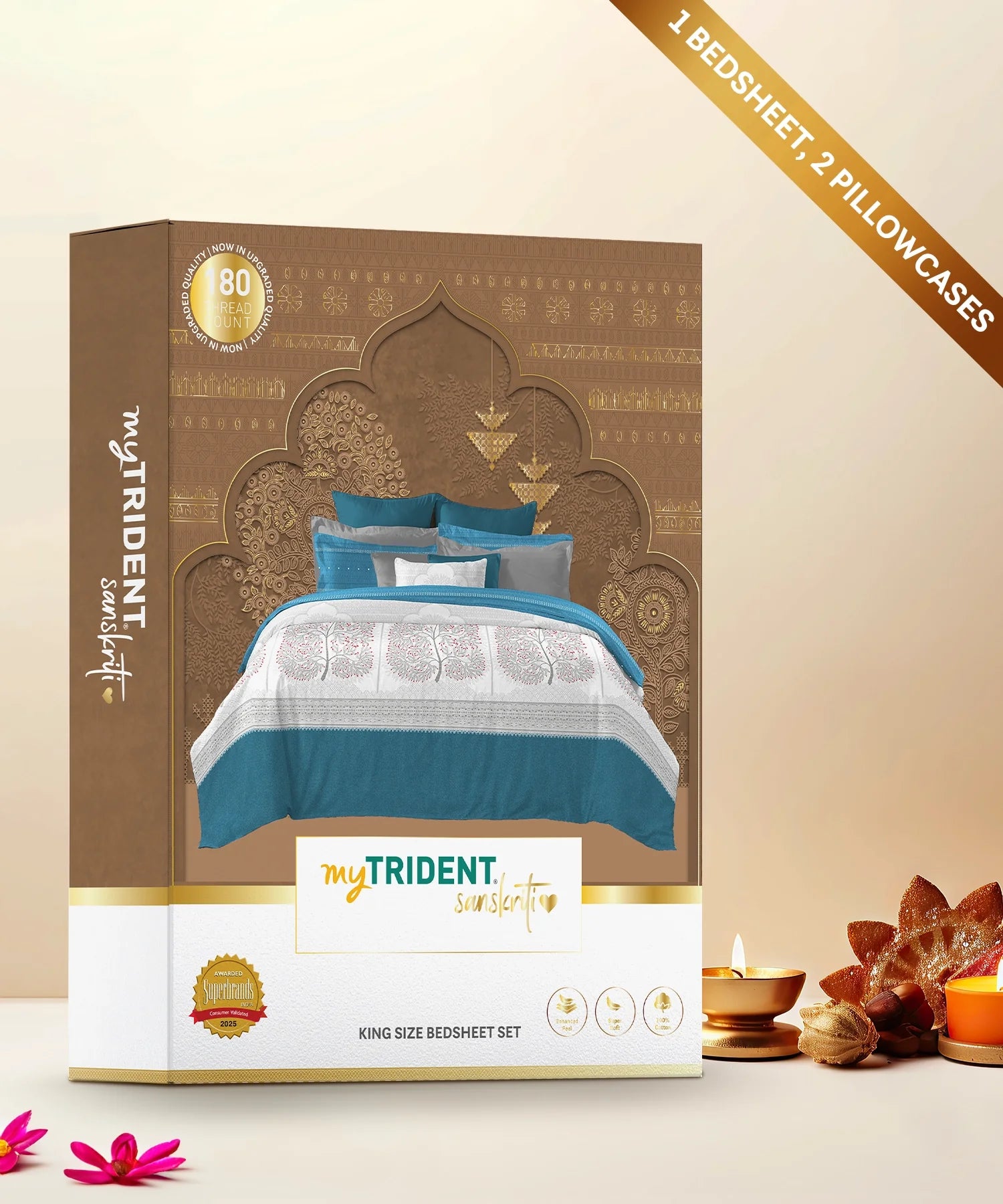 Sanskriti King Bedsheet Gift Set, Gond Art Blue| 180 TC Cotton| 2 Pillow Covers