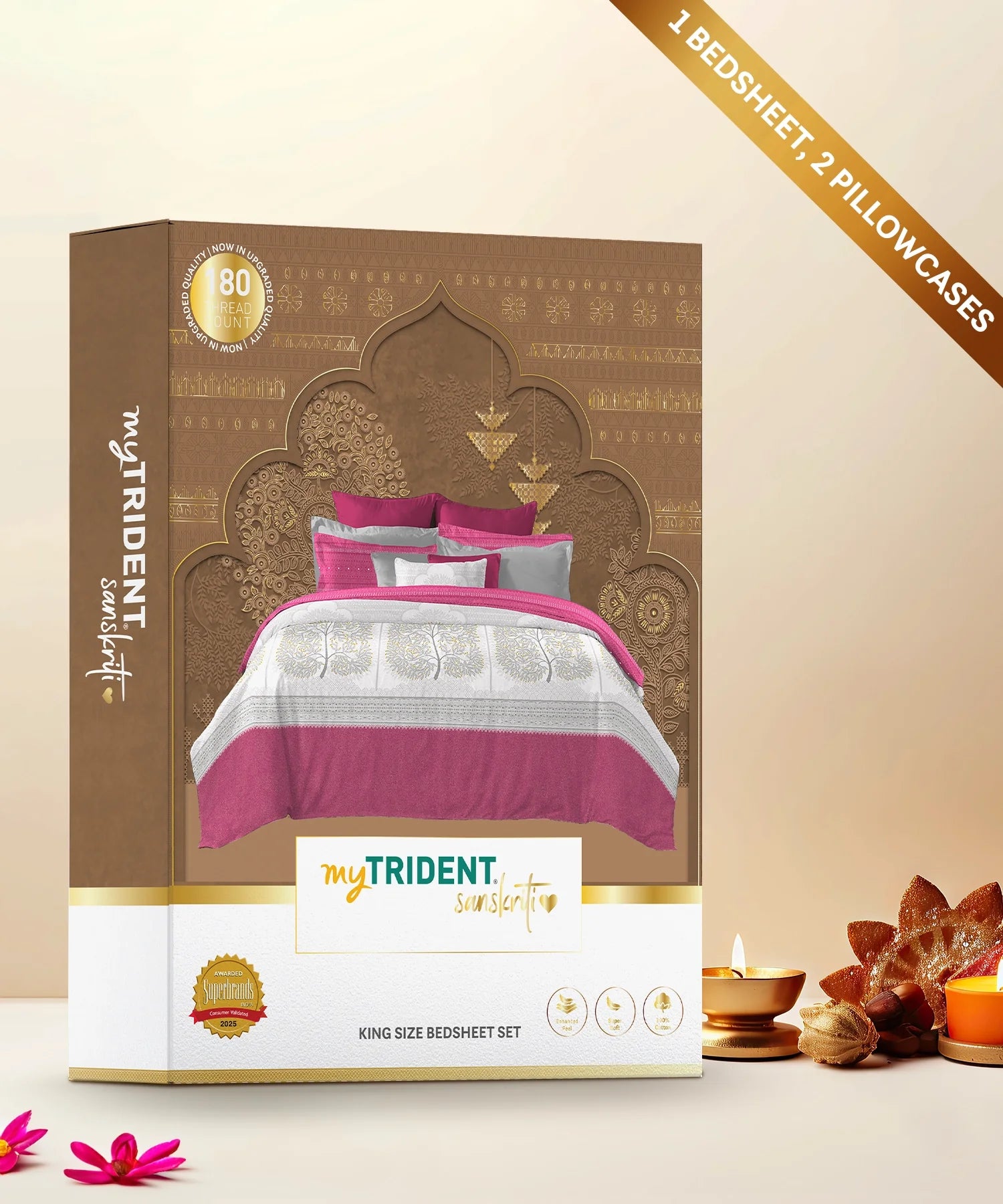 Sanskriti King Bedsheet Gift Set, Gond Art Pink| 180 TC Cotton| 2 Pillow Covers
