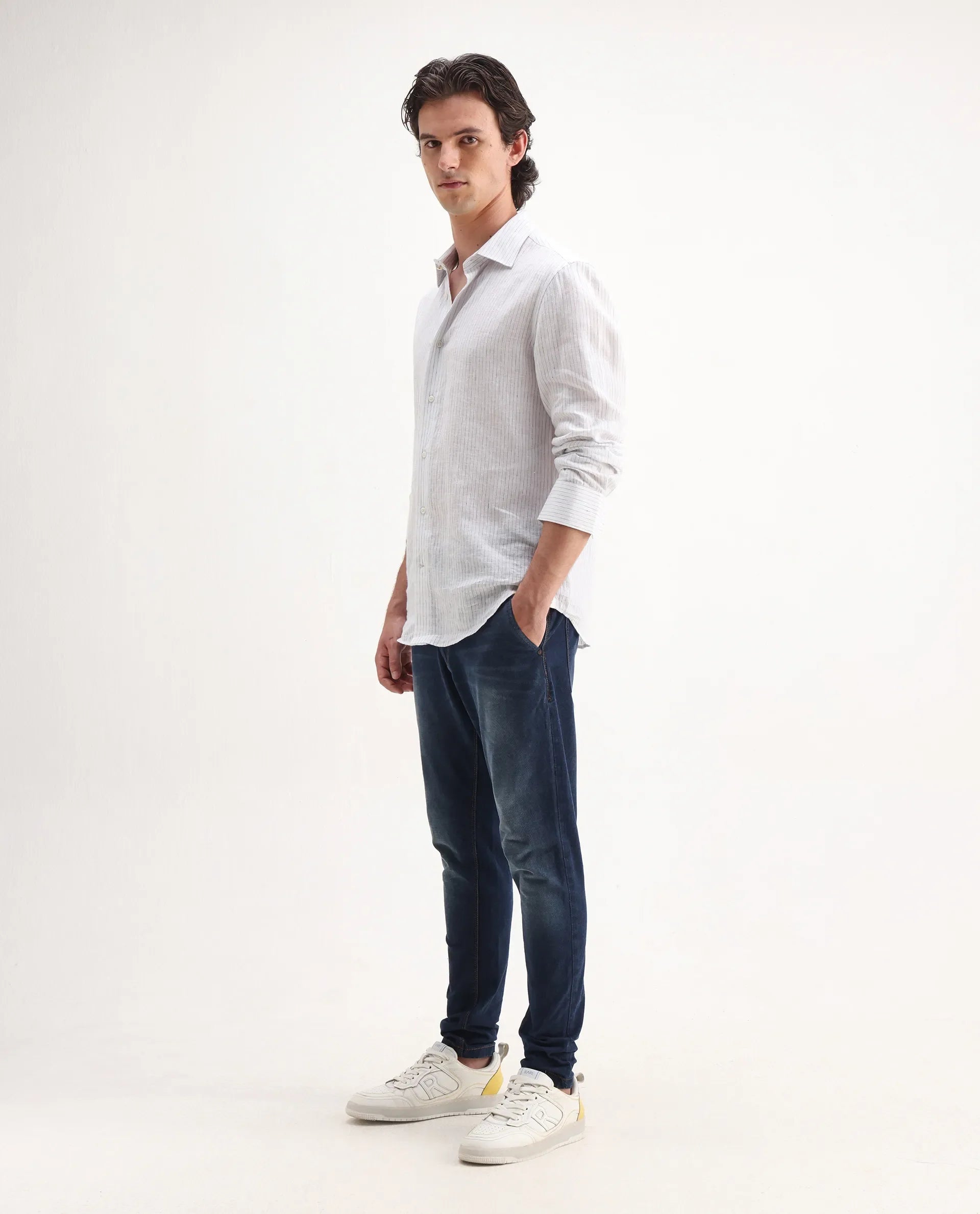 Rare Rabbit Men's Gracia Blue Cotton Plain Hawk Slim Fit Jeans