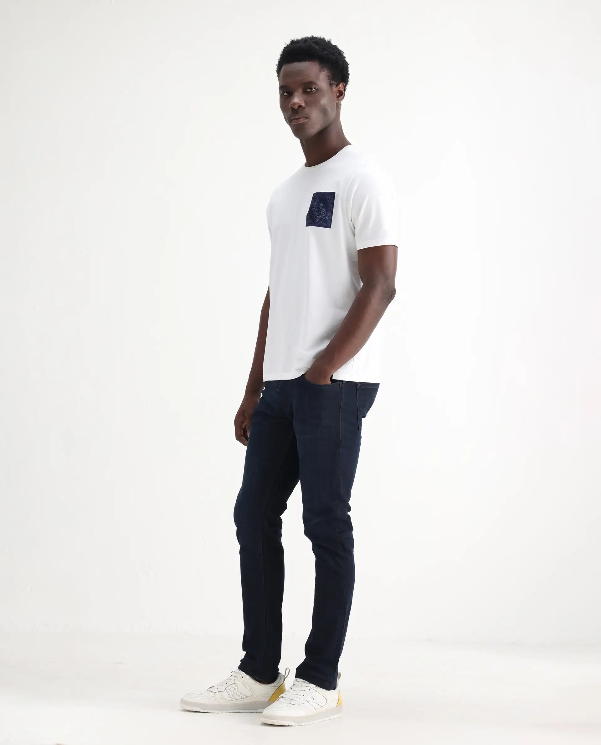 Rare Rabbit Men's Grana Blue Cotton Plain Hawk Slim Fit Jeans