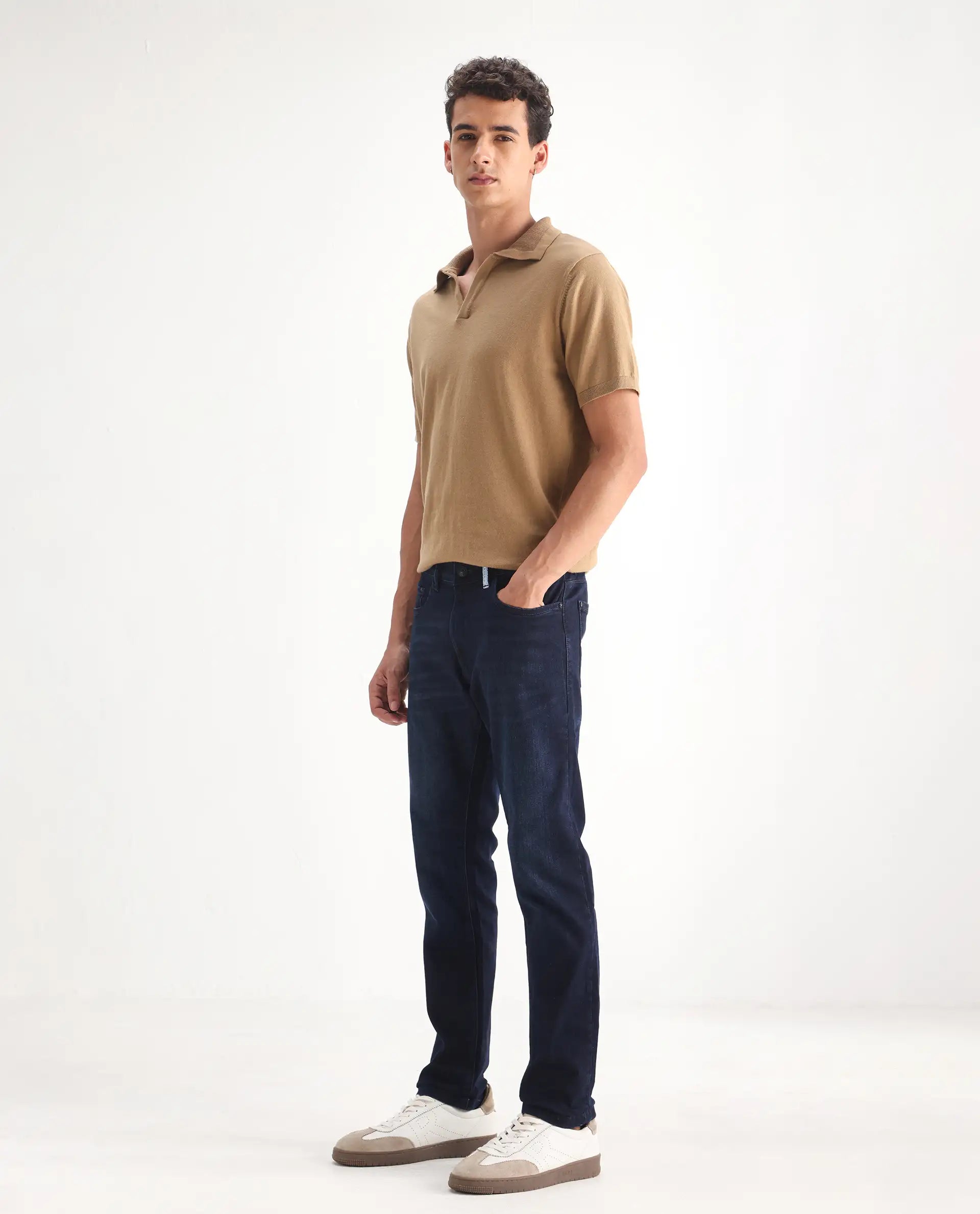 Rare Rabbit Men's Gran Navy Cotton Plain Morris Regular Fit Jeans