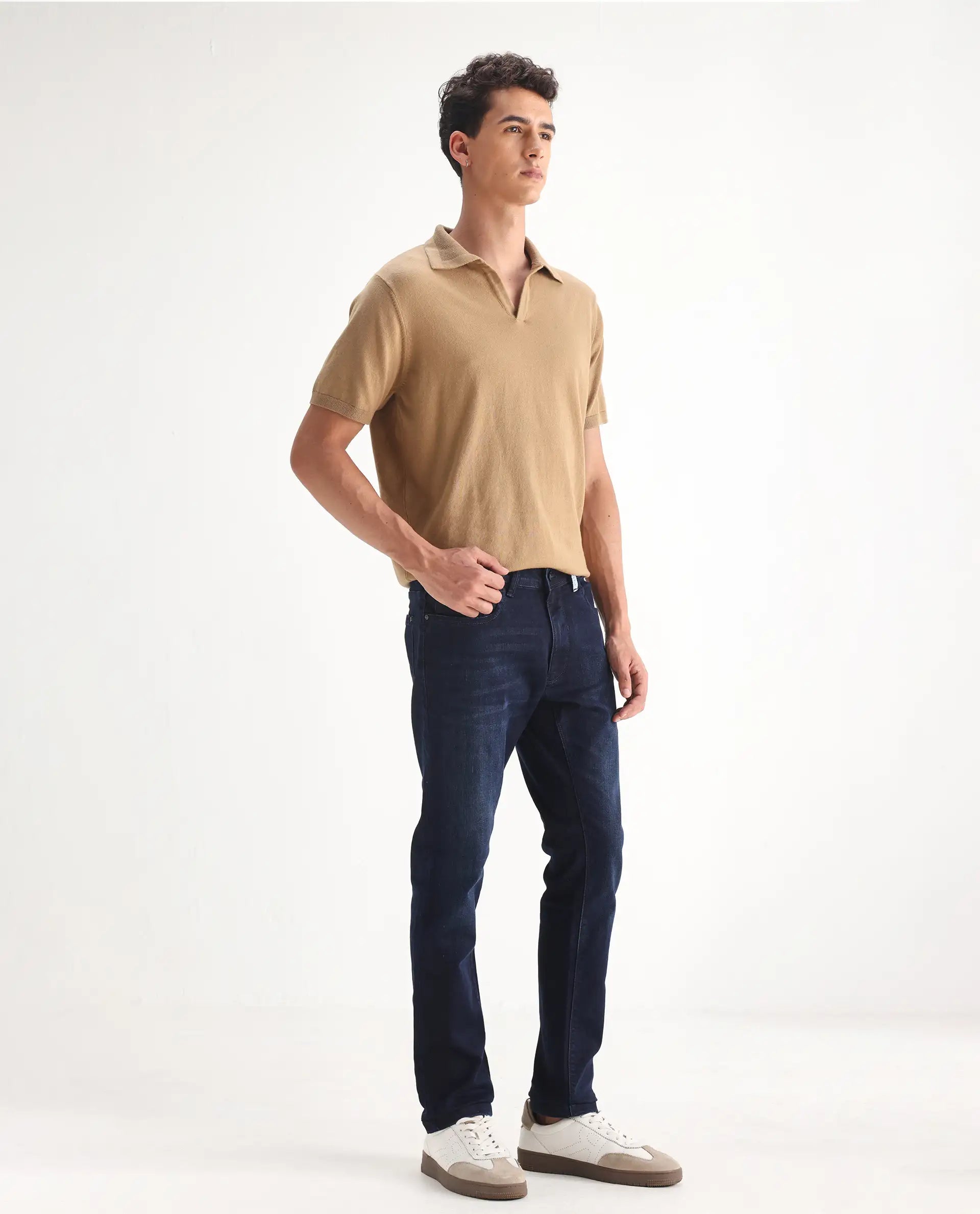 Rare Rabbit Men's Gran Navy Cotton Plain Morris Regular Fit Jeans