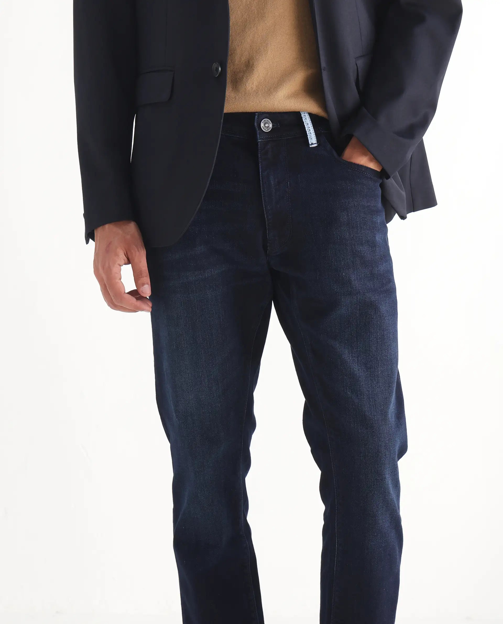 Rare Rabbit Men's Gran Navy Cotton Plain Morris Regular Fit Jeans