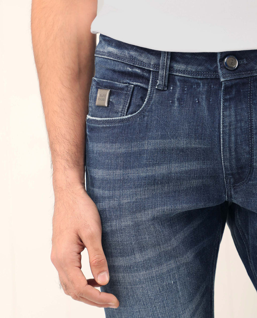 Rare Rabbit Men's Grimm Blue Cotton Plain Hawk Slim Fit Jeans