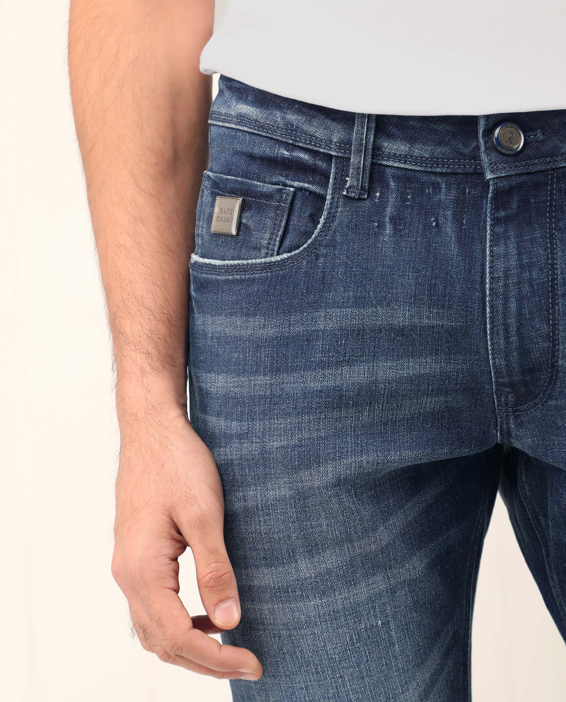 Rare Rabbit Men's Grimm Blue Cotton Plain Hawk Slim Fit Jeans