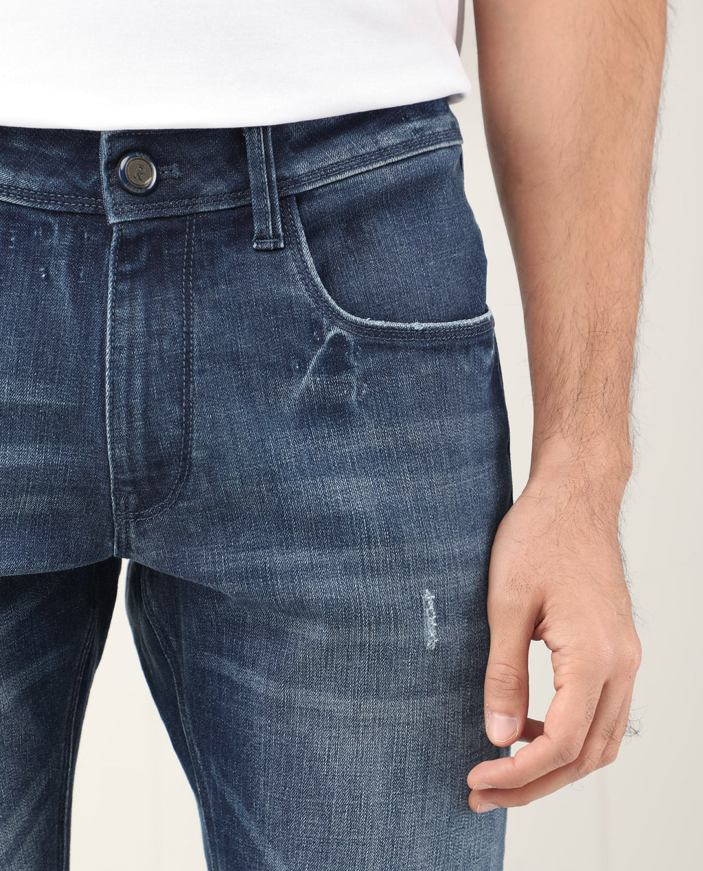Rare Rabbit Men's Grimm Blue Cotton Plain Hawk Slim Fit Jeans