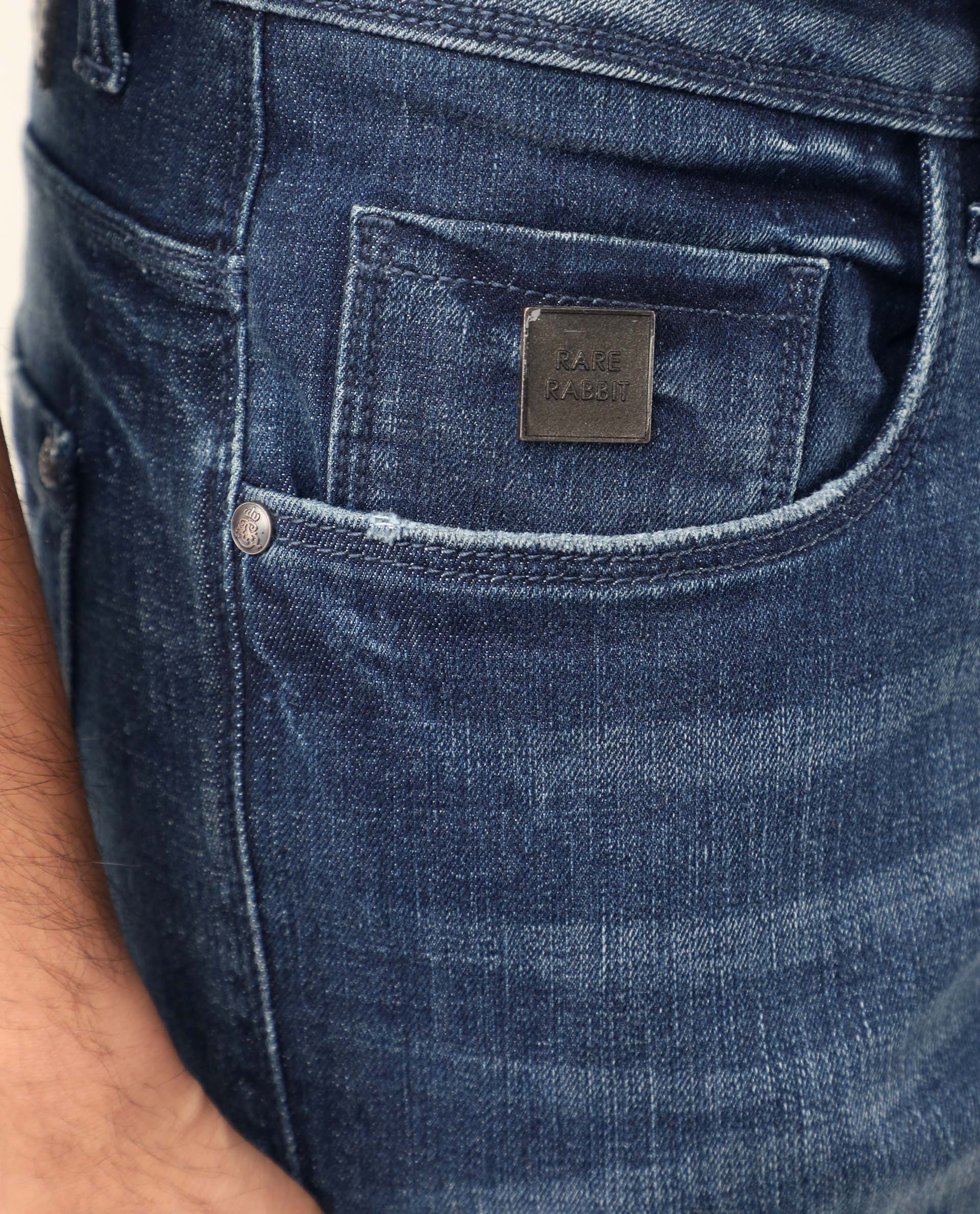 Rare Rabbit Men's Grimm Blue Cotton Plain Hawk Slim Fit Jeans