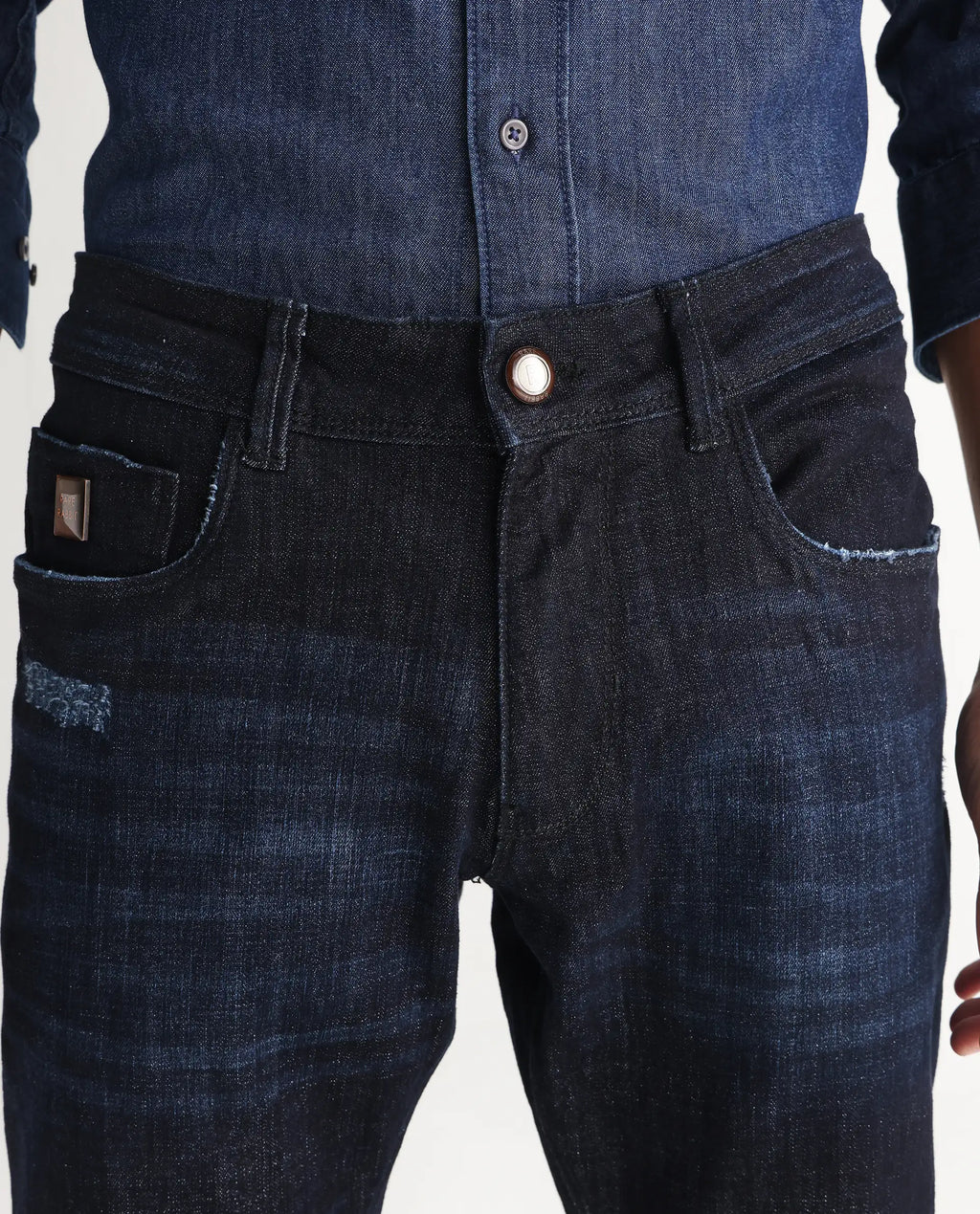 Rare Rabbit Men's Grimm Navy Cotton Plain Hawk Slim Fit Jeans