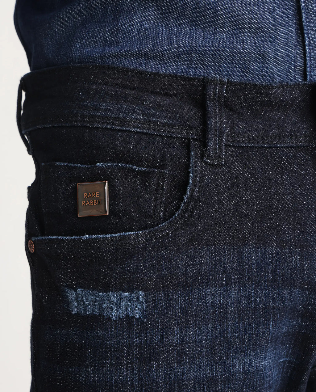 Rare Rabbit Men's Grimm Navy Cotton Plain Hawk Slim Fit Jeans