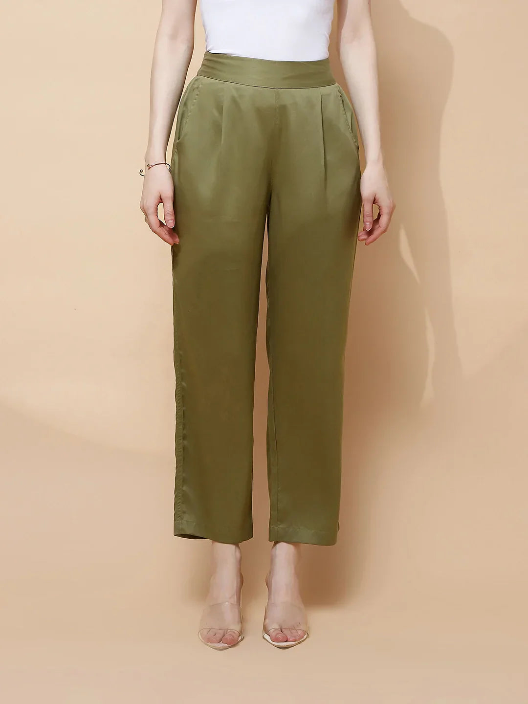 Olive Cotton Viscose Straight Fit Lower