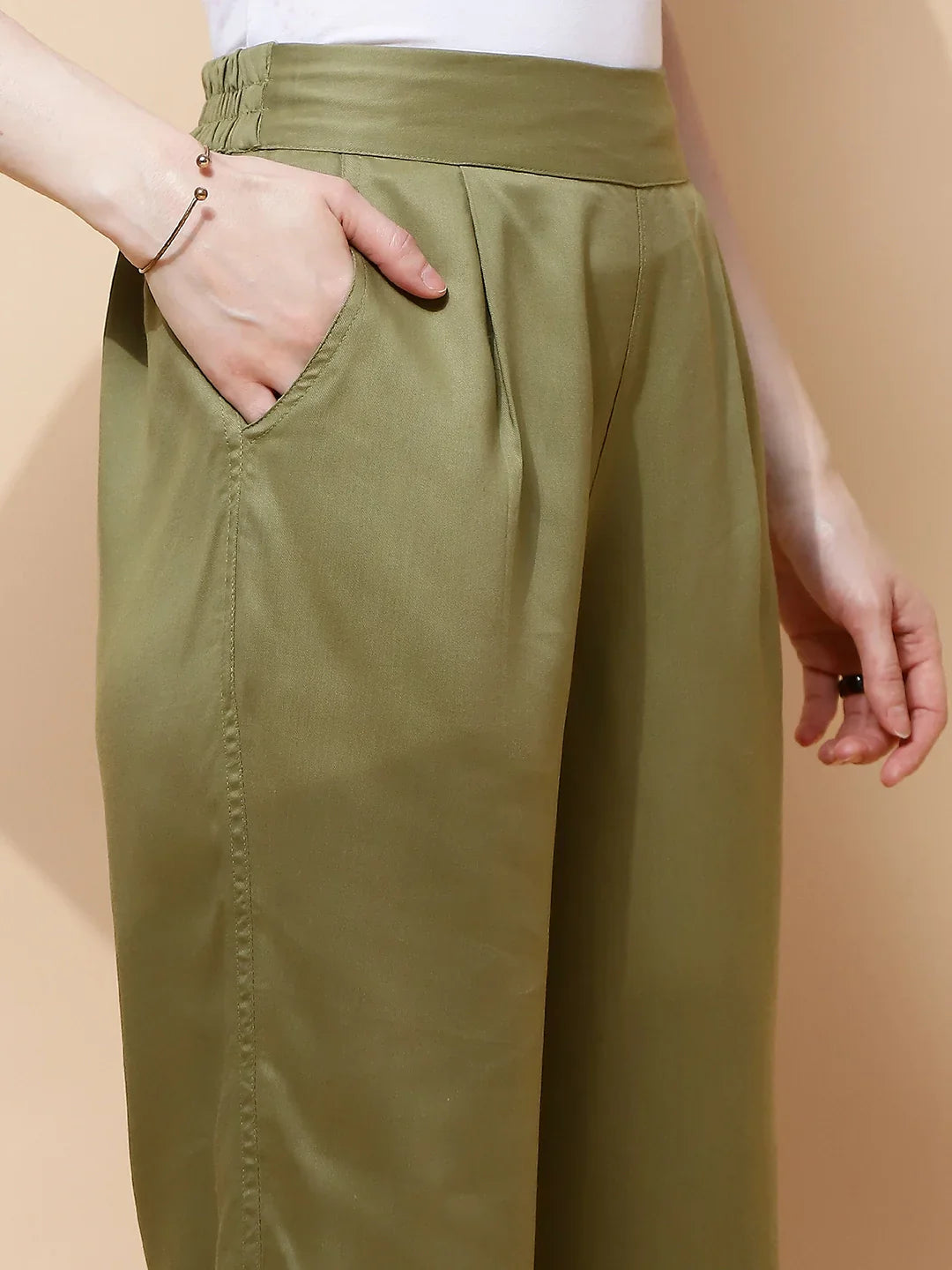 Olive Cotton Viscose Straight Fit Lower