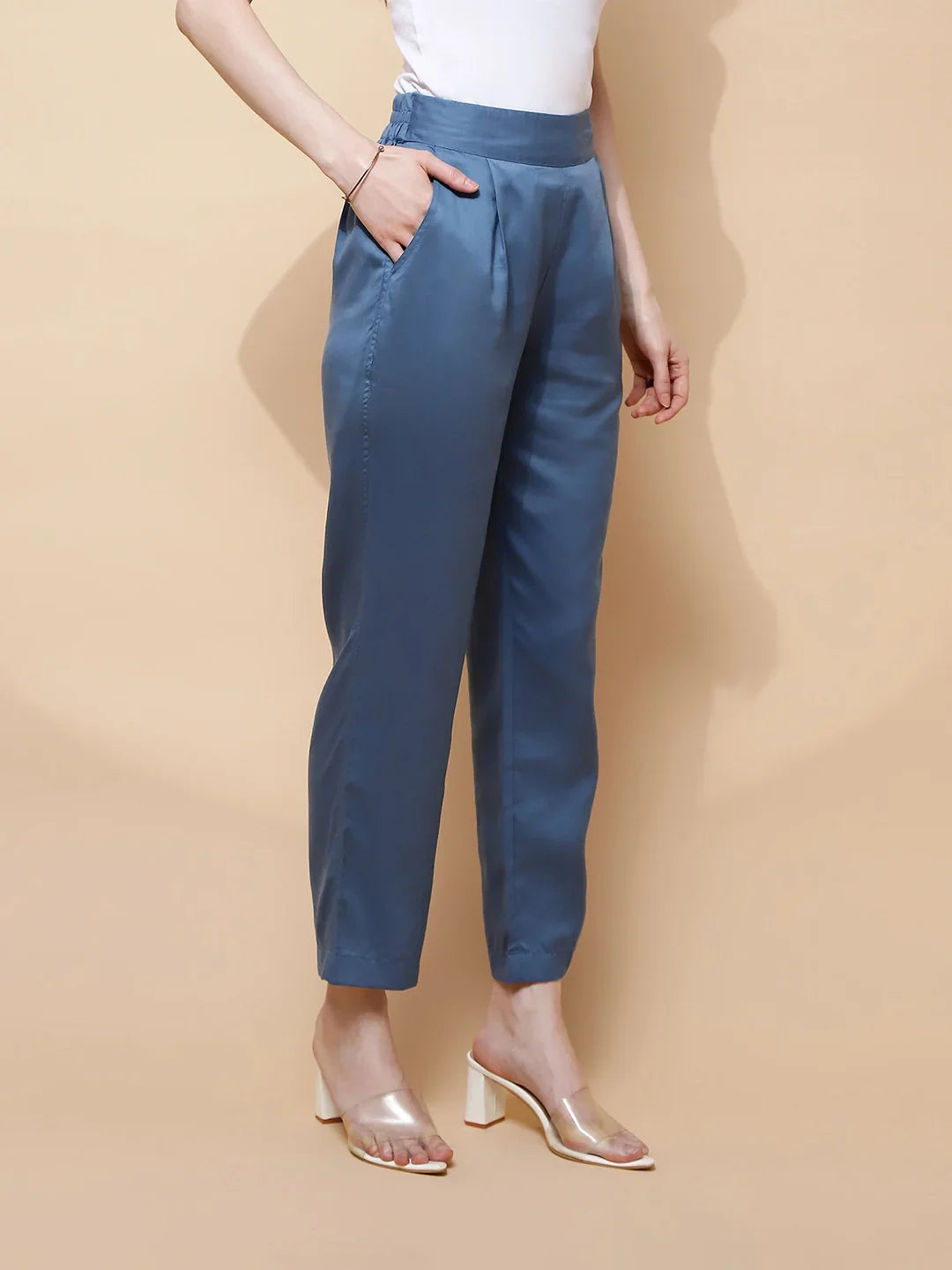 Blue Cotton Viscose Straight Fit Pants