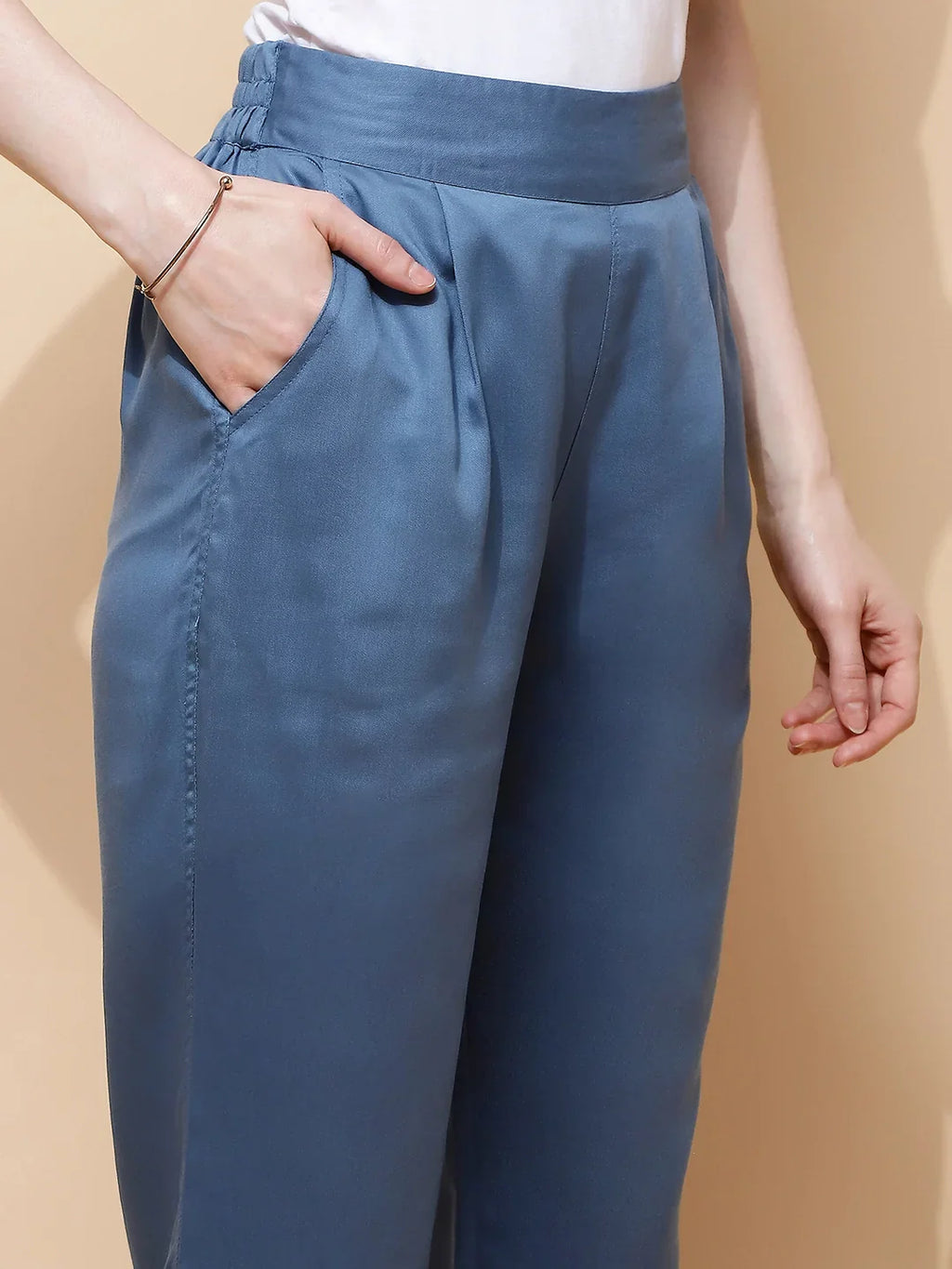 Blue Cotton Viscose Straight Fit Pants