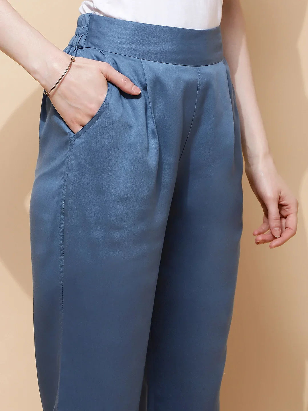 Blue Cotton Viscose Straight Fit Pants