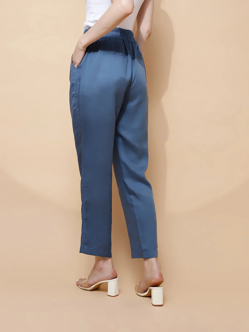 Blue Cotton Viscose Straight Fit Pants