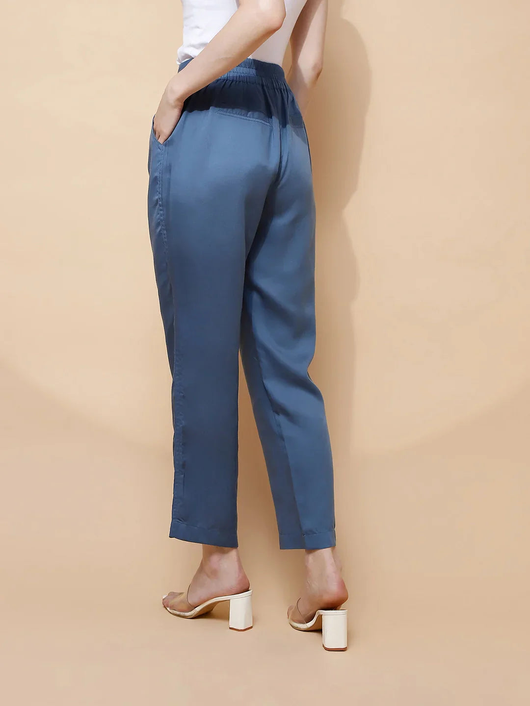 Blue Cotton Viscose Straight Fit Pants