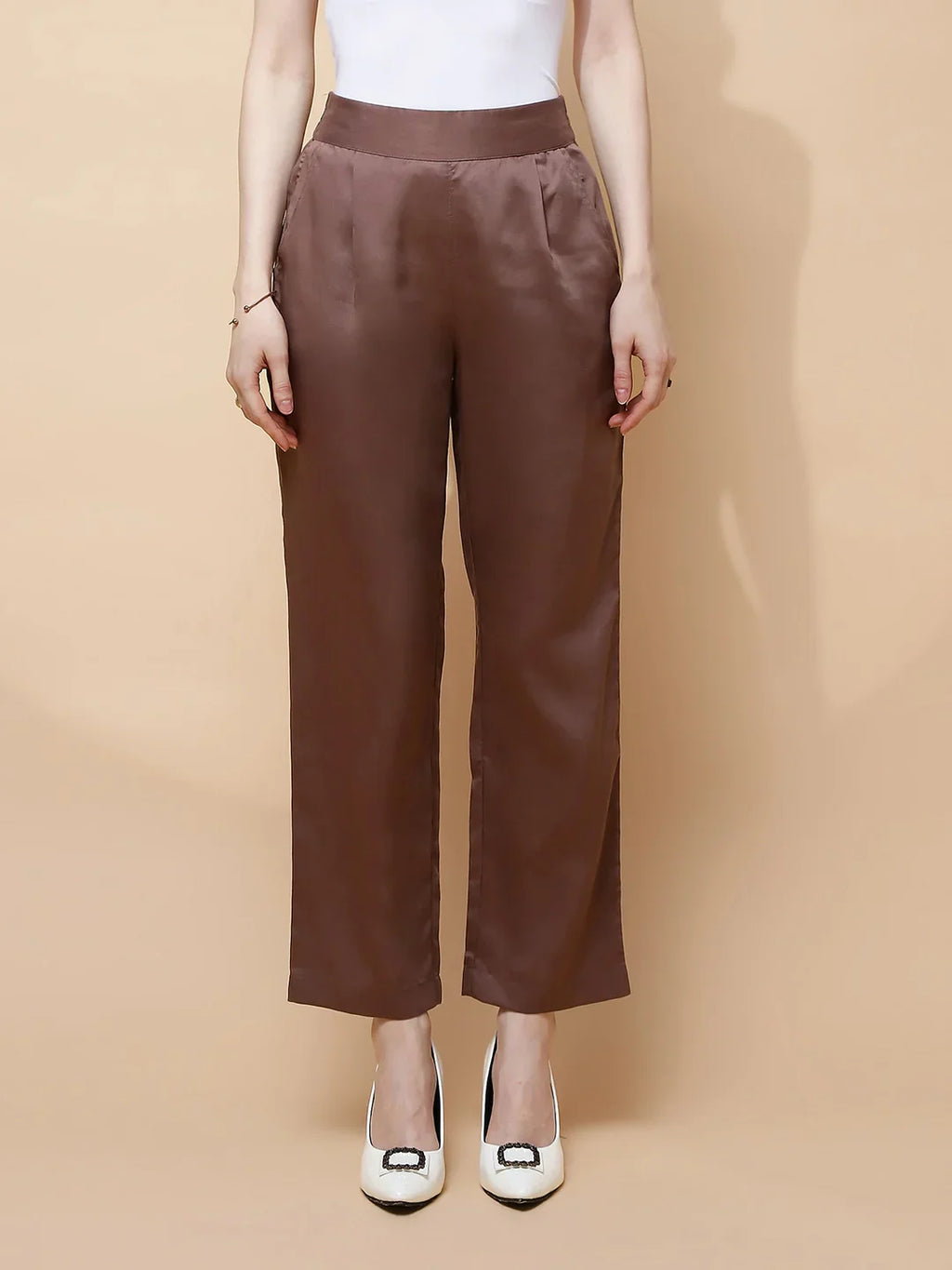 Brown Cotton Viscose Straight Fit Pants