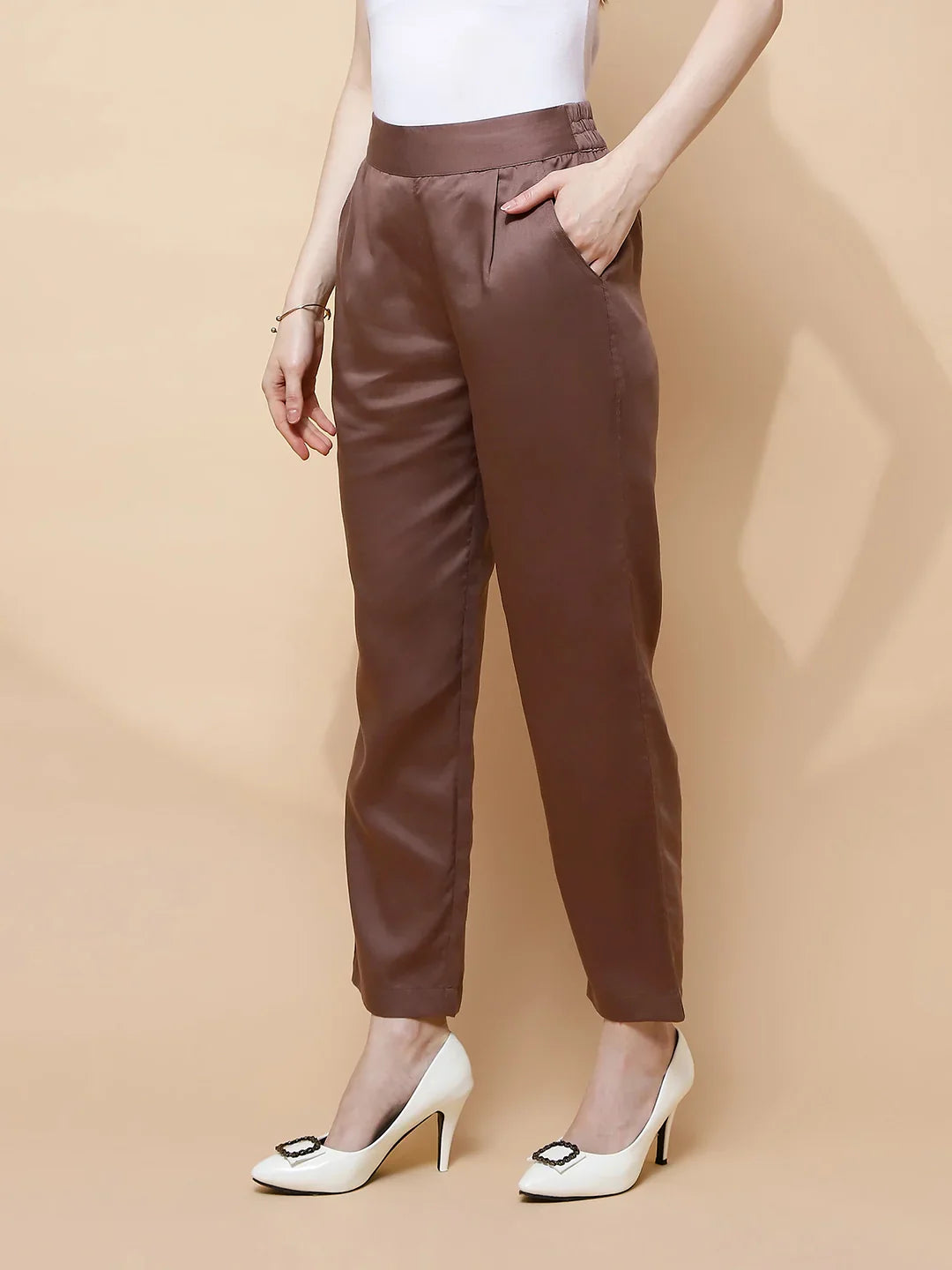 Brown Cotton Viscose Straight Fit Pants