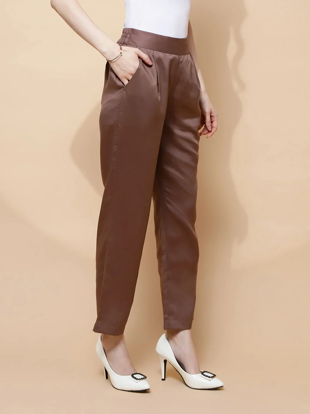Brown Cotton Viscose Straight Fit Pants