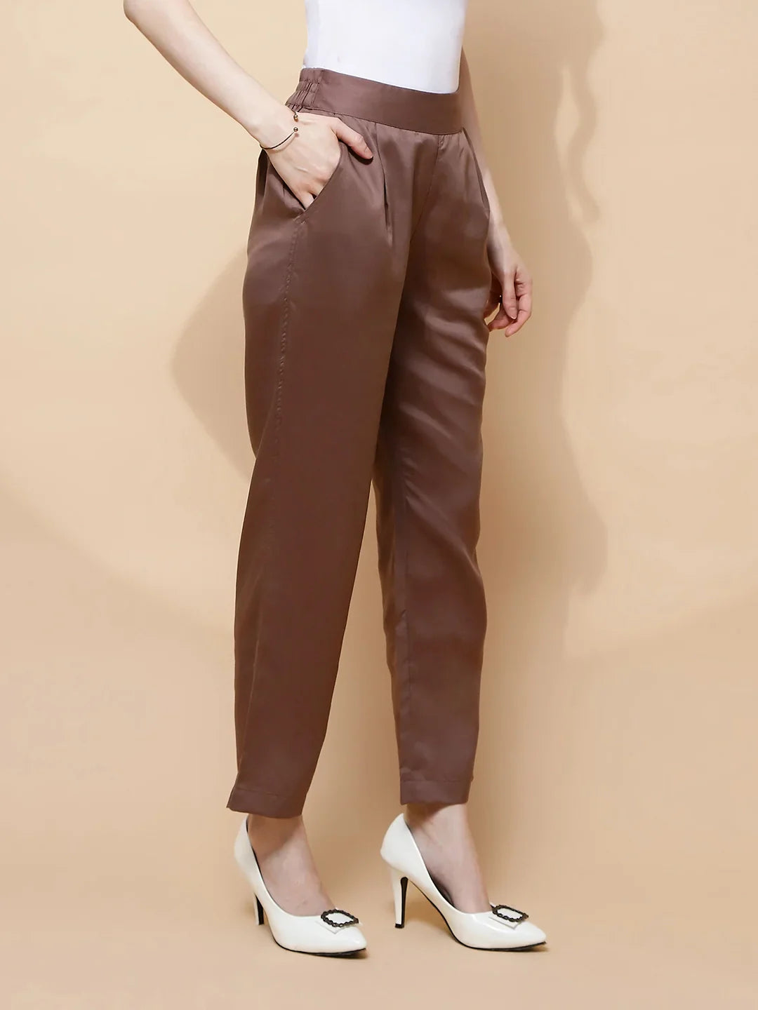Brown Cotton Viscose Straight Fit Pants