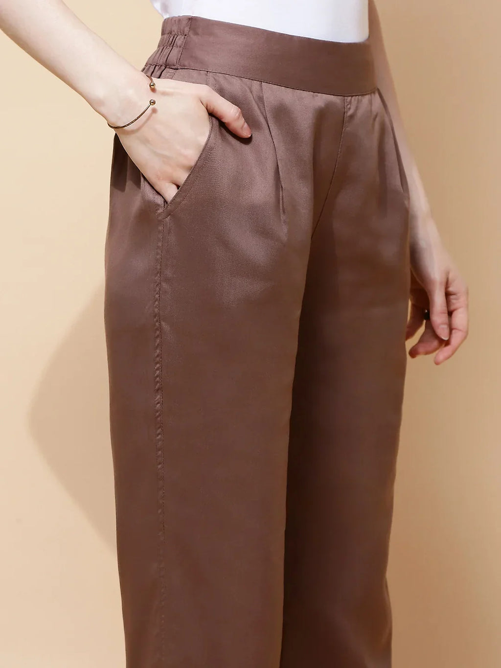 Brown Cotton Viscose Straight Fit Pants