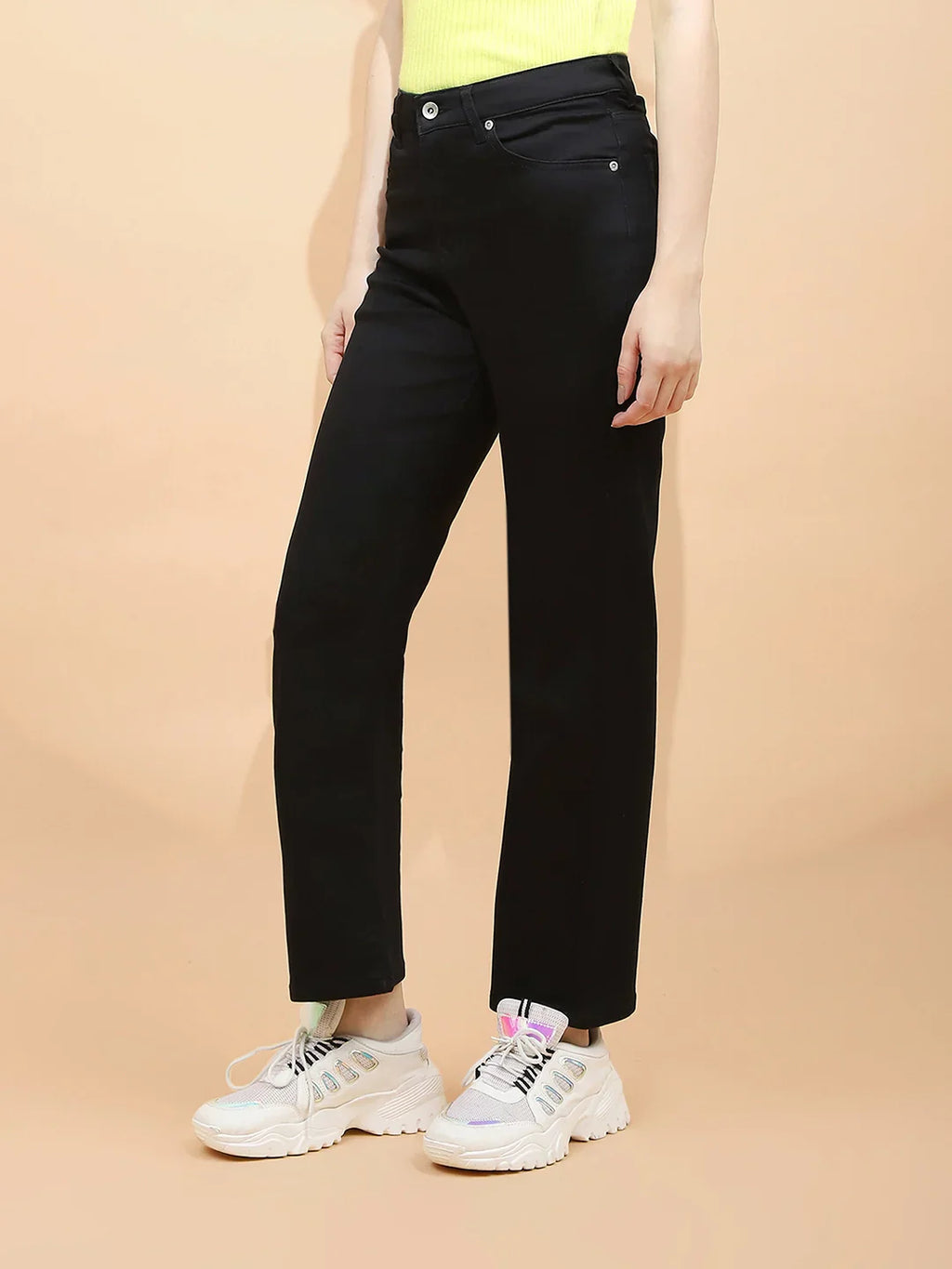 Black Cotton Blend Straight Fit Trouser