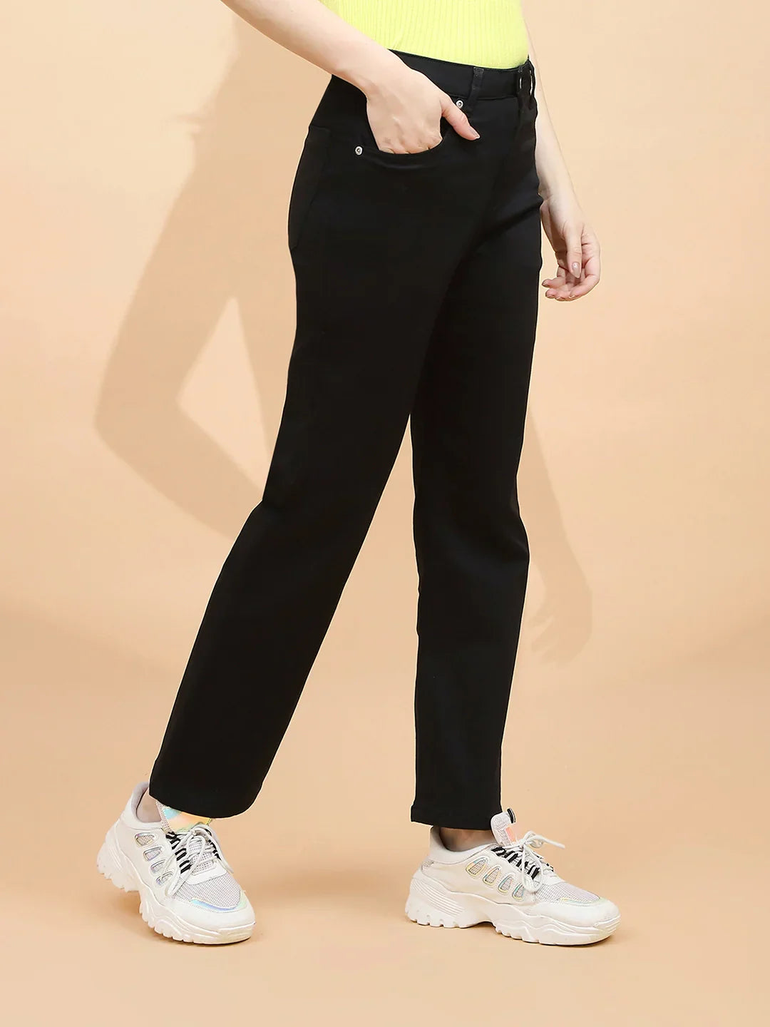 Black Cotton Blend Straight Fit Trouser