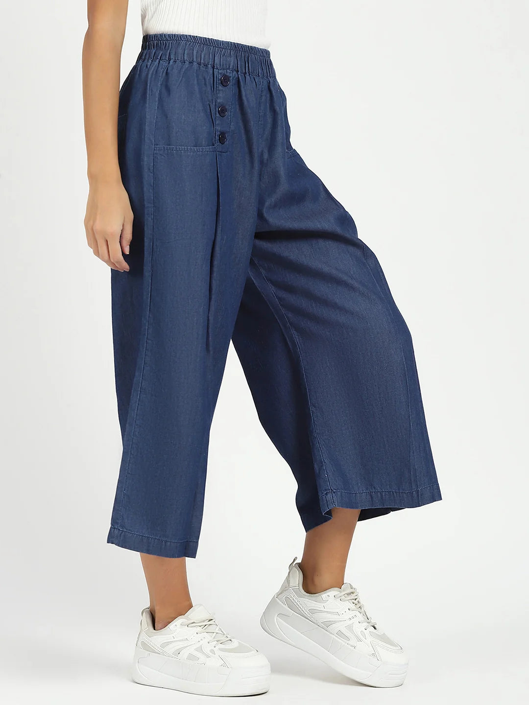 Blue Solid Cotton Blend Palazzo