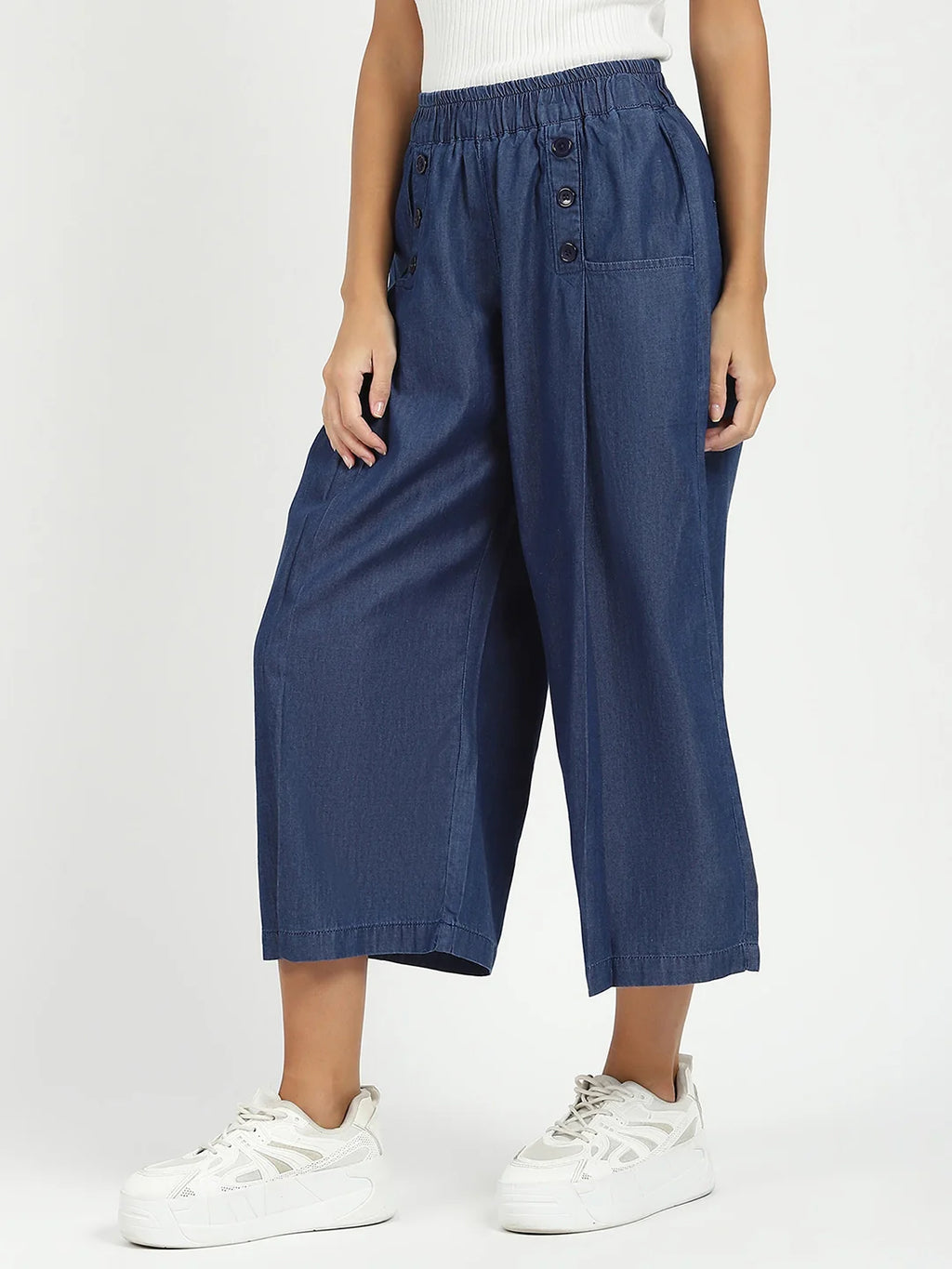 Blue Solid Cotton Blend Palazzo
