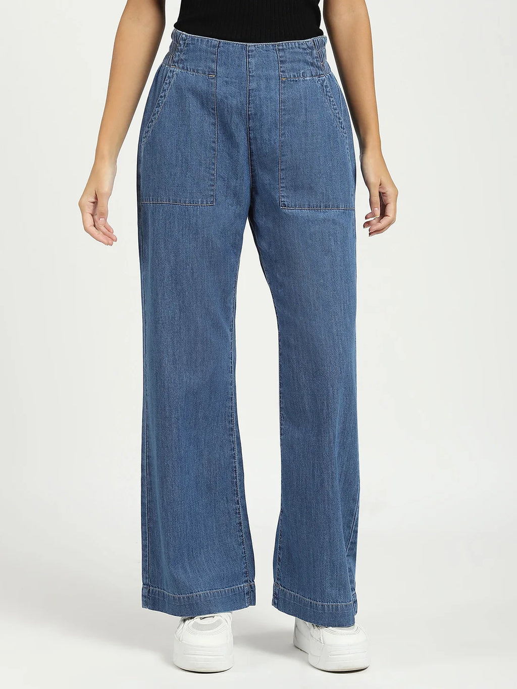 Blue Solid Cotton Blend Lower